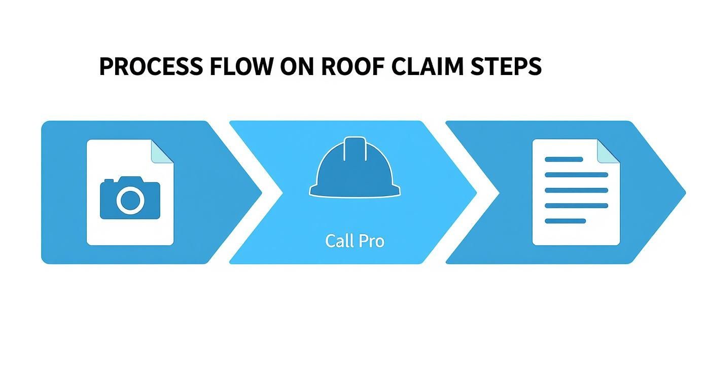 A visual process flow diagram illustrating three key steps for a roof insurance claim.