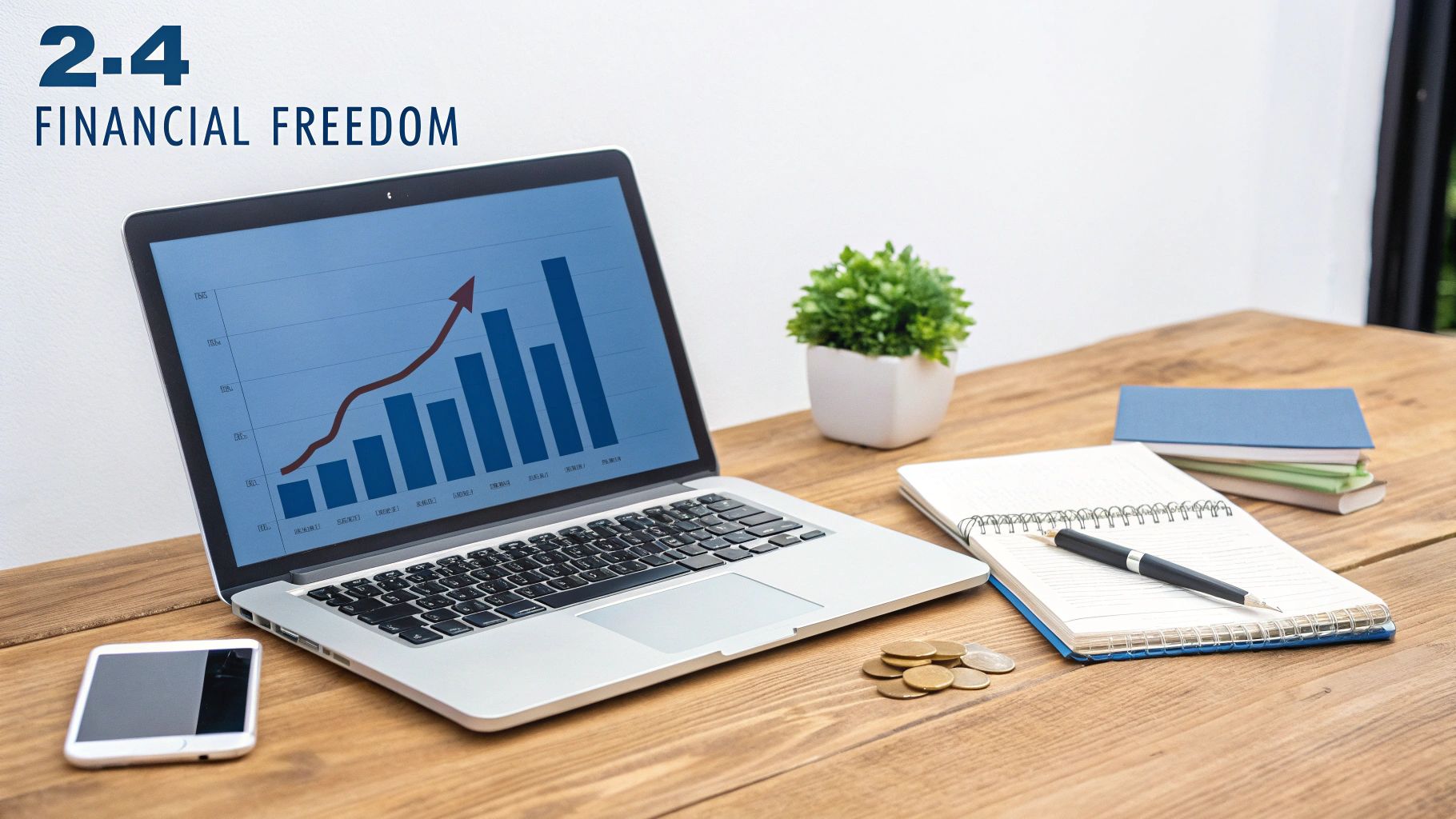 A desk with a laptop displaying a financial growth chart, books, and money, symbolizing financial freedom.