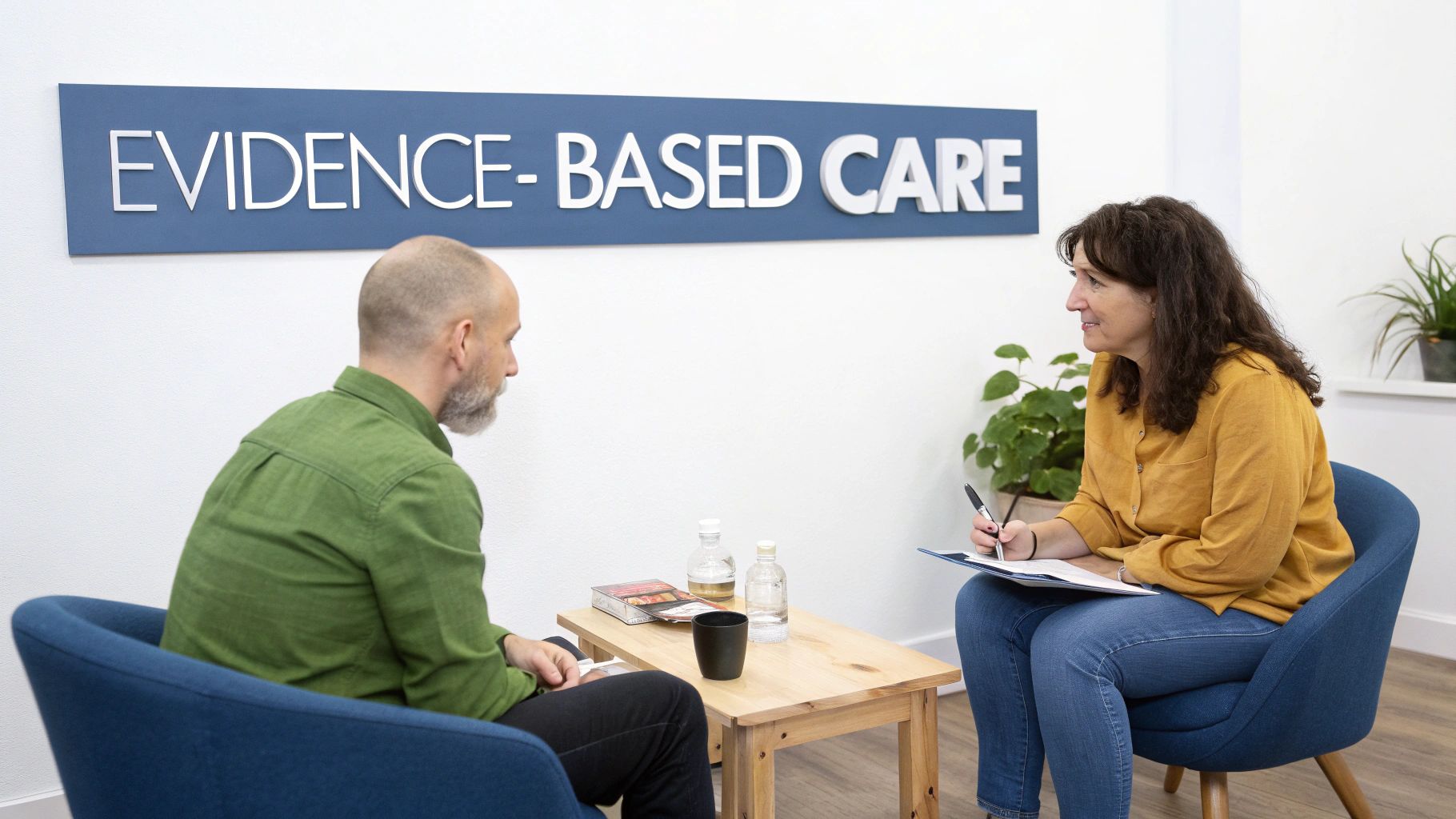 Therapist and client in a consultation room with an 'Evidence-Based Care' sign on the wall.