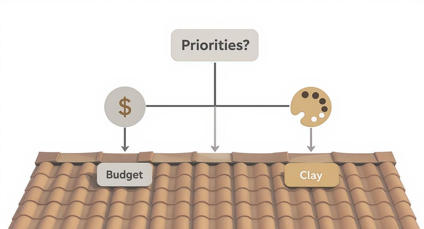 Diagram showing 'Priorities?' connected to a dollar sign icon for 'Budget' and a paint palette icon for 'Clay', above a tiled roof.