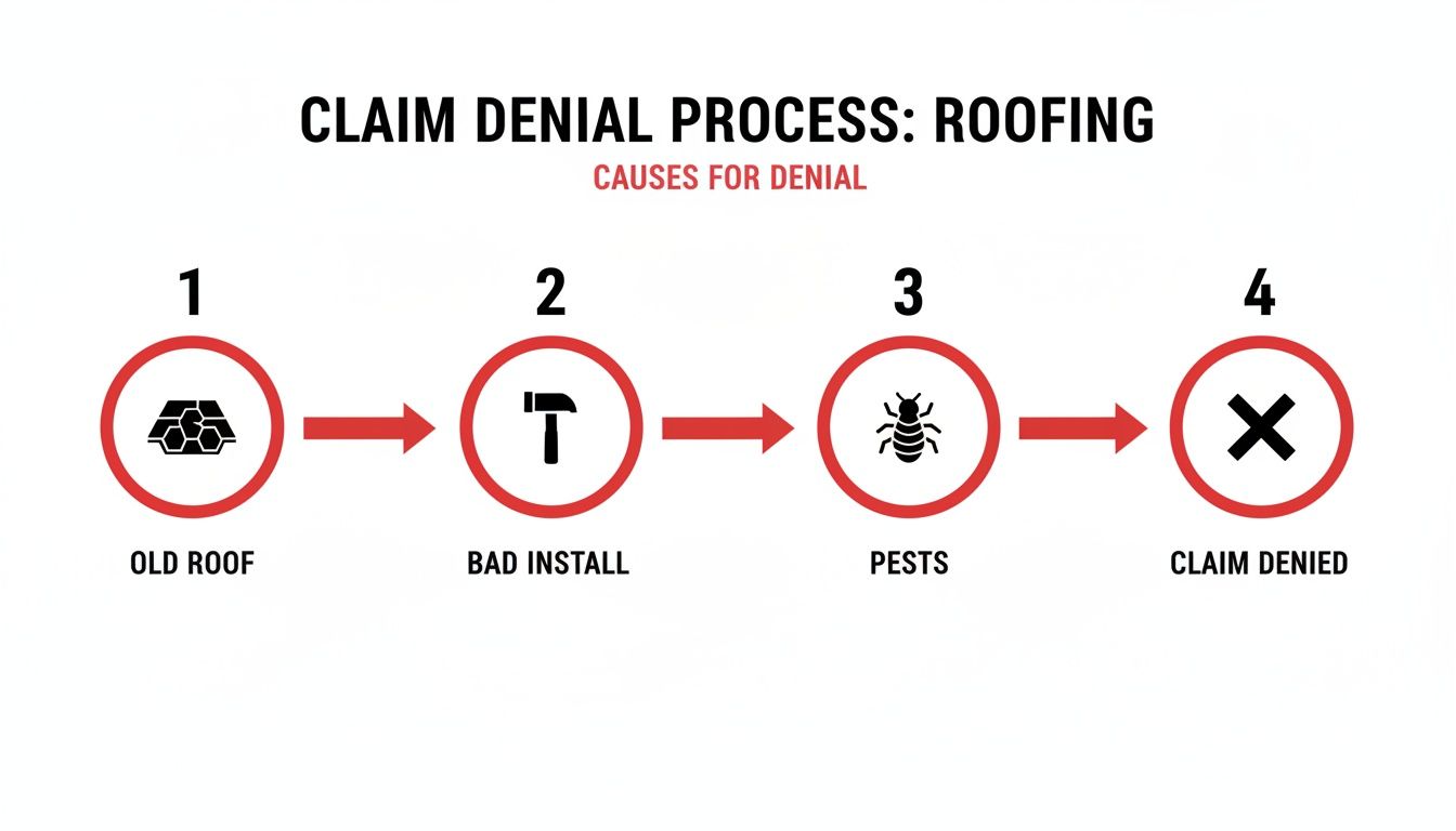 Flowchart illustrating the claim denial process for roofing, listing old roof, bad installation, and pests as causes for denial.