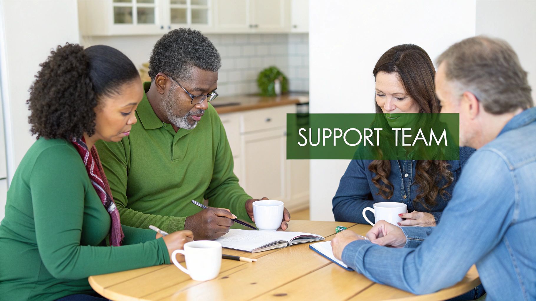 Four diverse adults collaborate at a table with notebooks and mugs, labeled "SUPPORT TEAM."