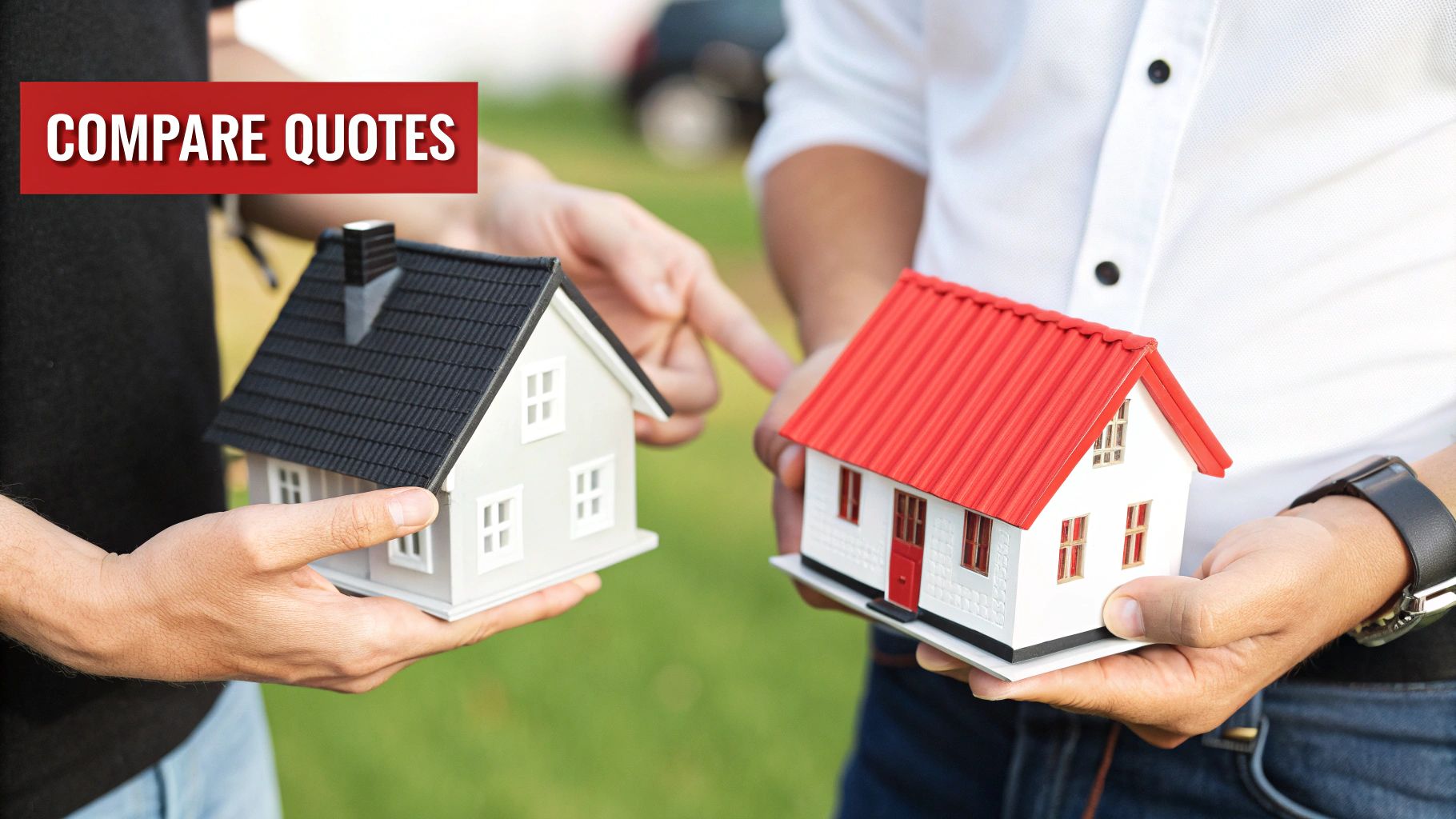 A homeowner reviews a roofing quote document with a contractor on a tablet.