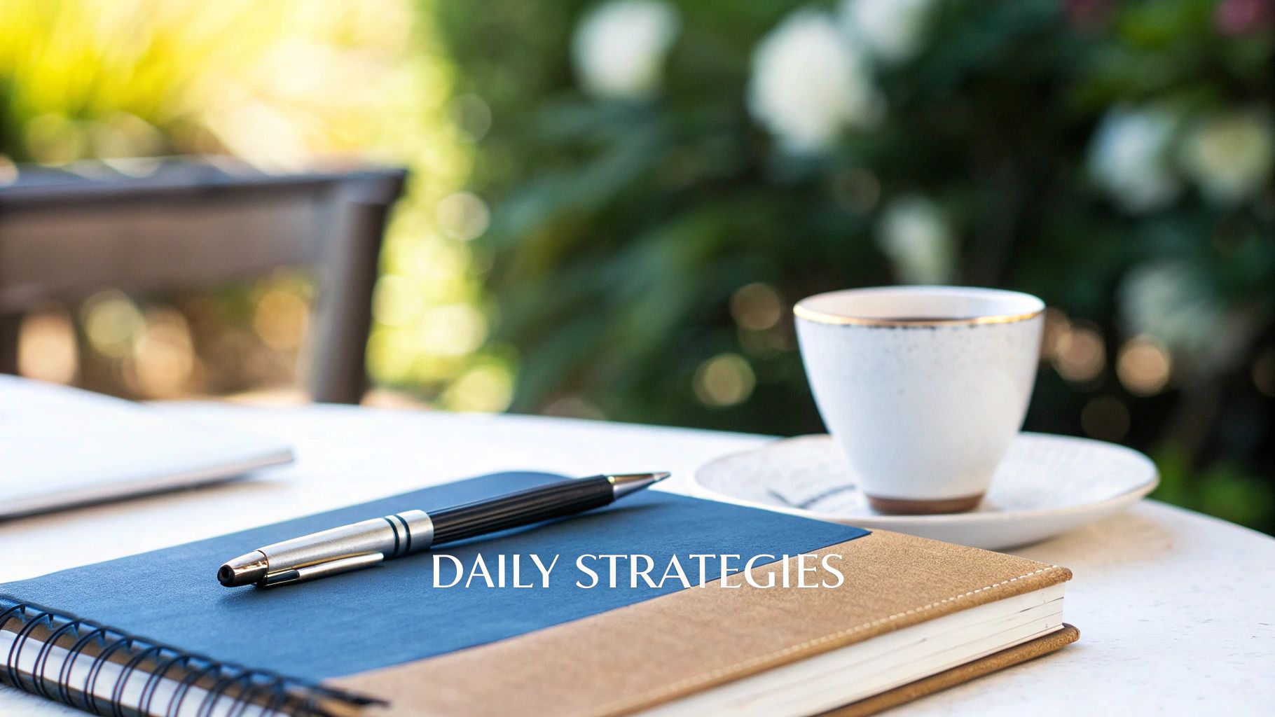 Daily strategies notebook with pen and coffee cup on outdoor table for morning planning