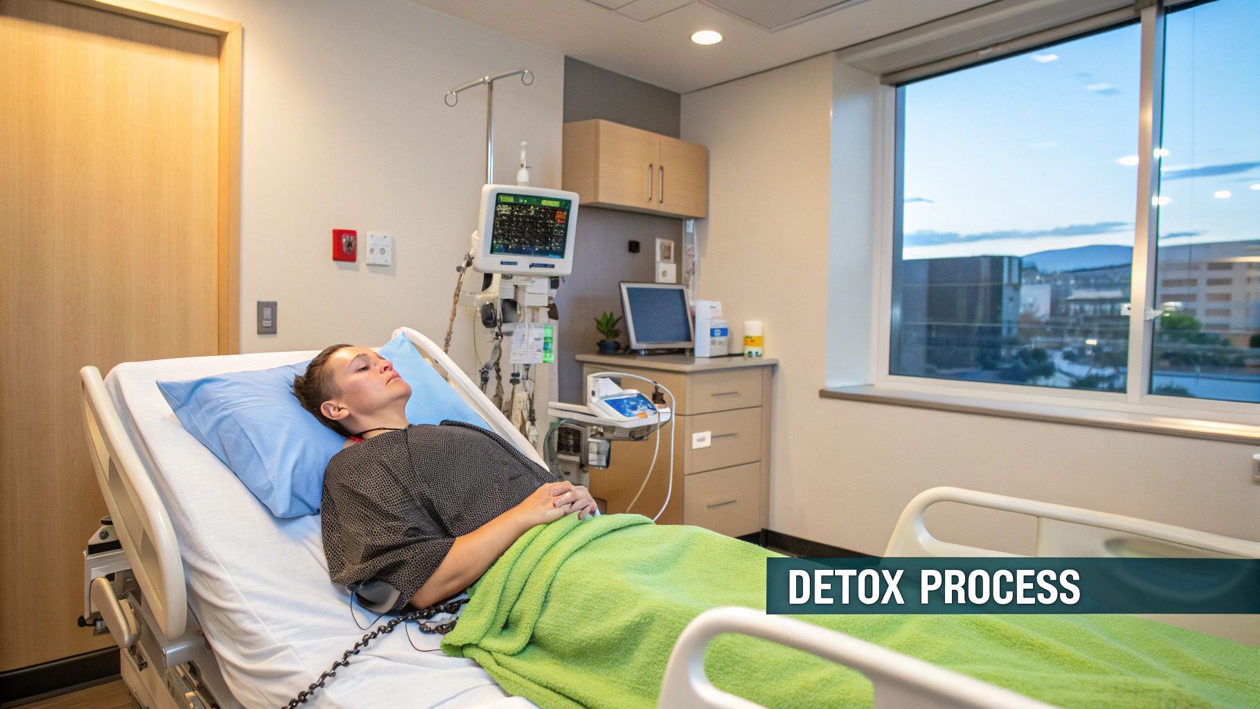 A woman in a rehab facility bed has her blood pressure checked by a caring nurse.
