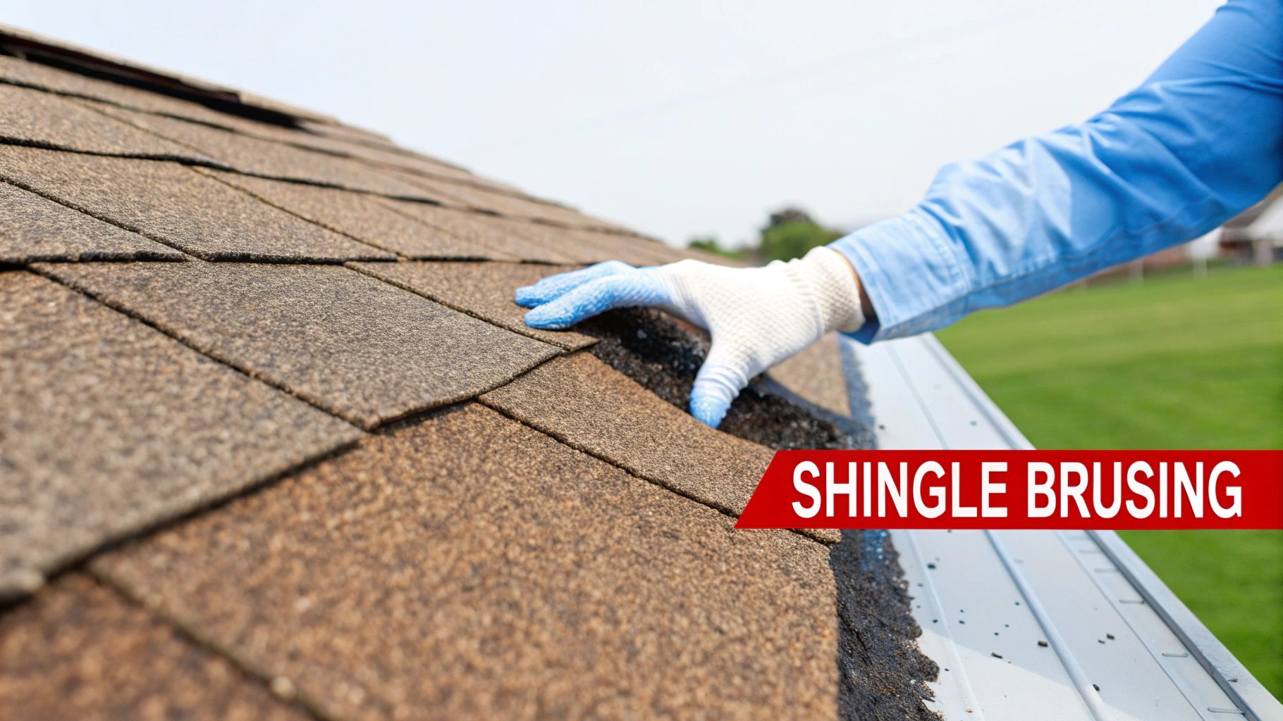 A gloved finger pressing on a soft, bruised spot on an asphalt shingle, demonstrating subtle hail damage.