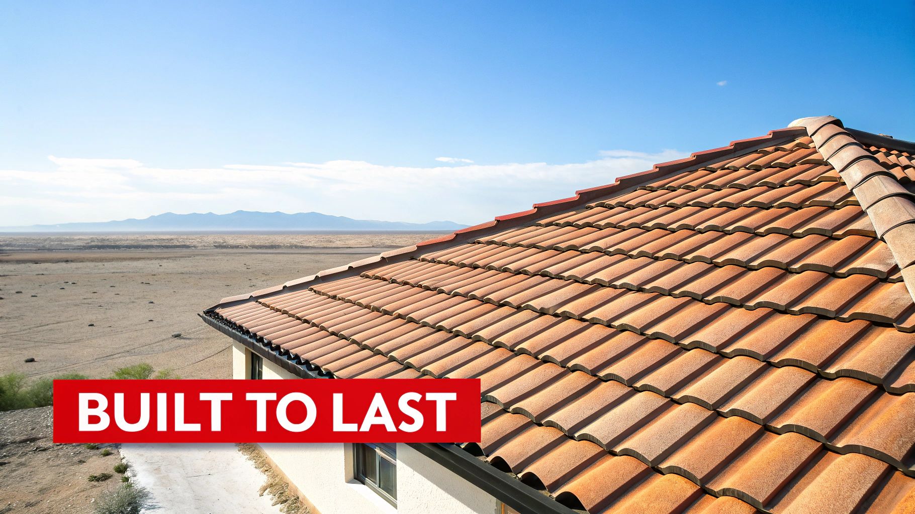 Close-up of a terracotta tiled roof on a house, overlooking a vast desert landscape under a clear blue sky, with a 'BUILT TO LAST' banner.
