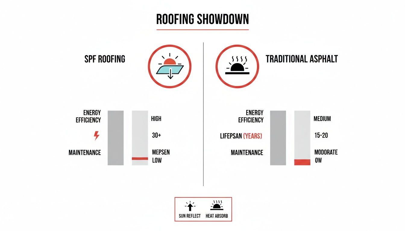 Infographic comparing SPF roofing and traditional asphalt, highlighting energy efficiency, lifespan, and maintenance.