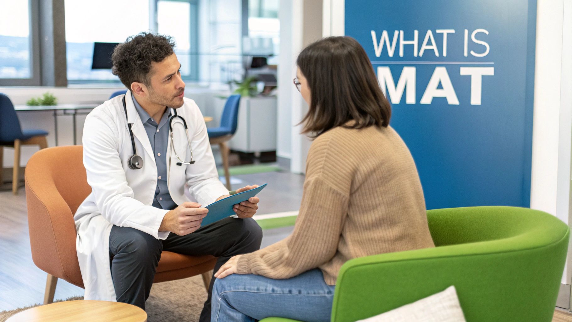 A compassionate healthcare professional talking with a patient in a bright, modern clinic.