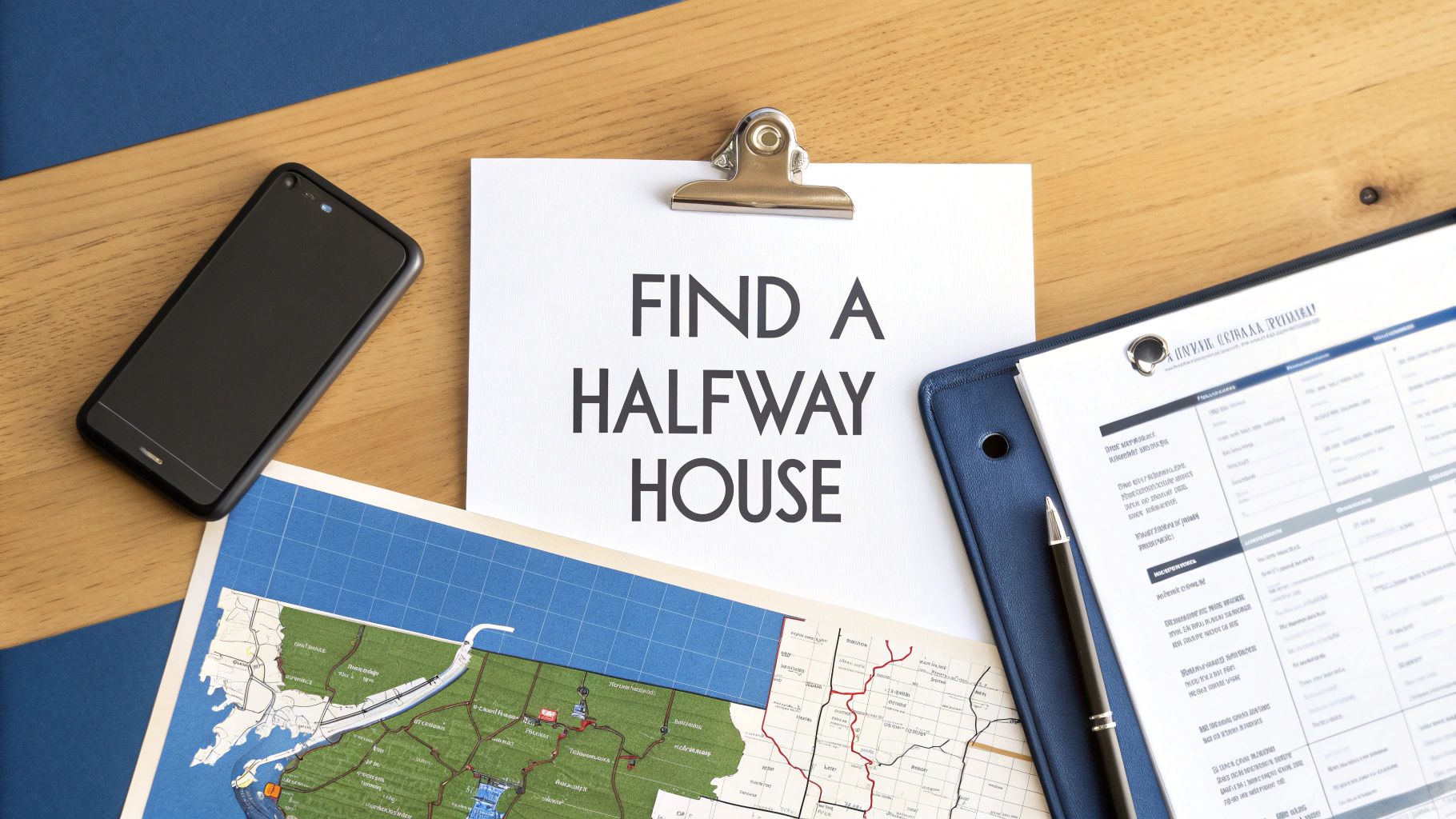 Clipboard with find a halfway house text on wooden desk with phone map and documents