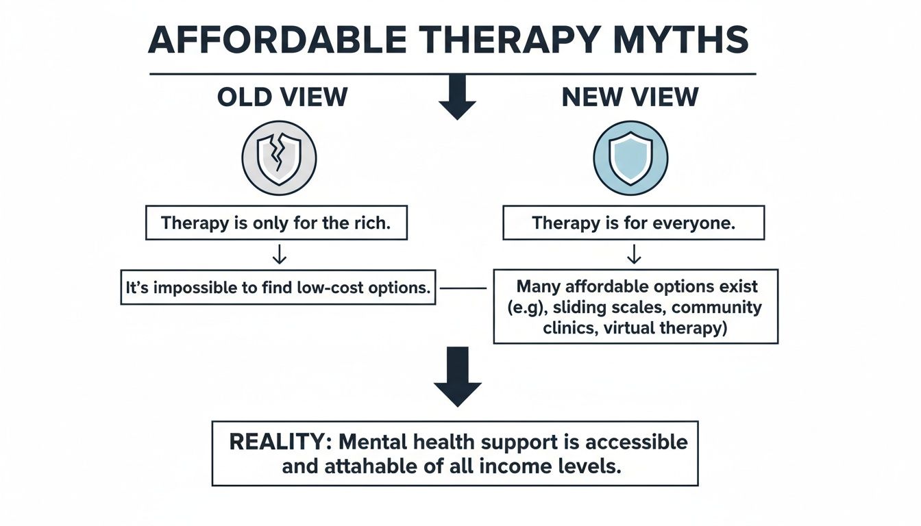 Flowchart debunking myths about affordable therapy, showing old views versus new realities of accessible mental health.