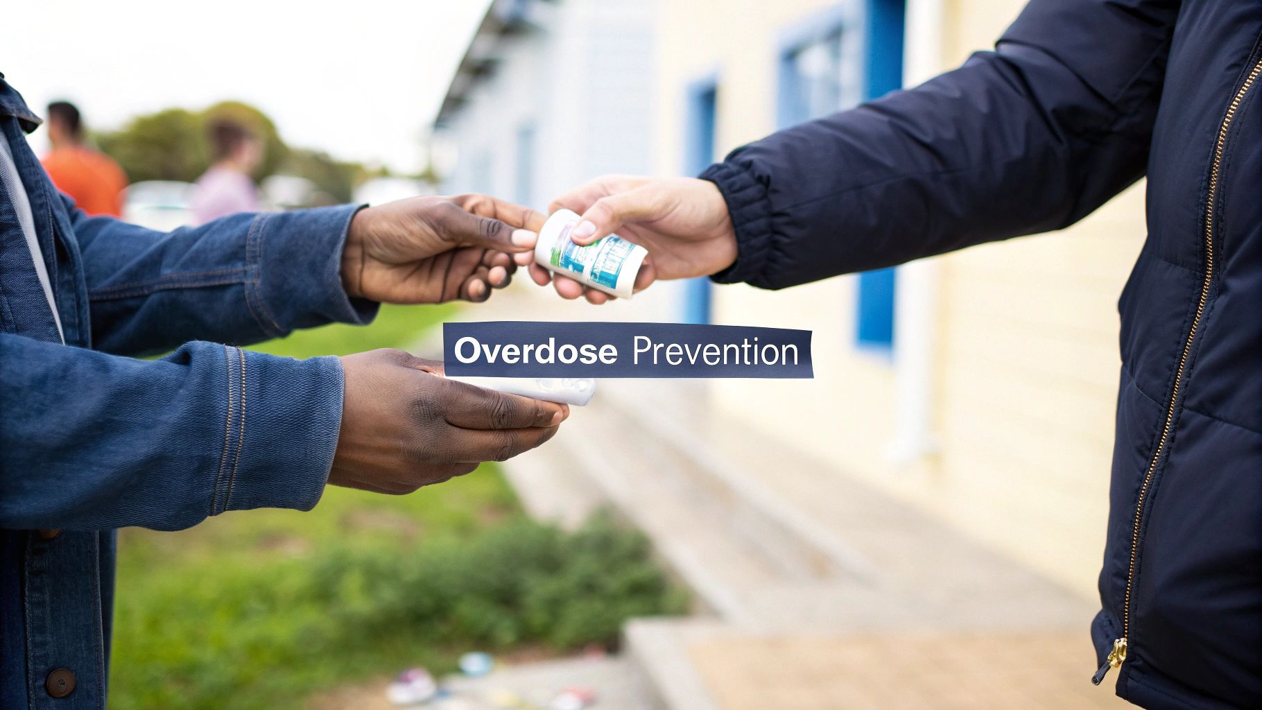 Two hands exchange a small bottle and another item, with a 'Overdose Prevention' banner. Community support for safety.