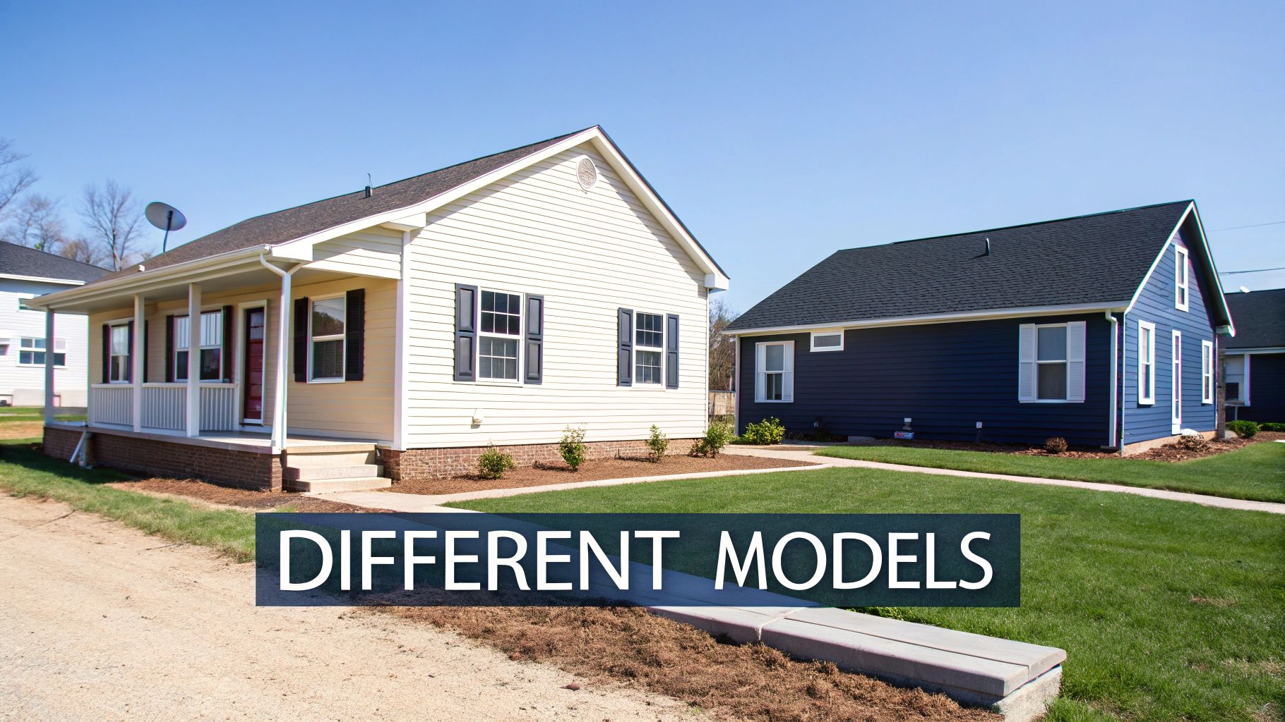 Two different model homes side by side showcasing residential housing options and architectural styles