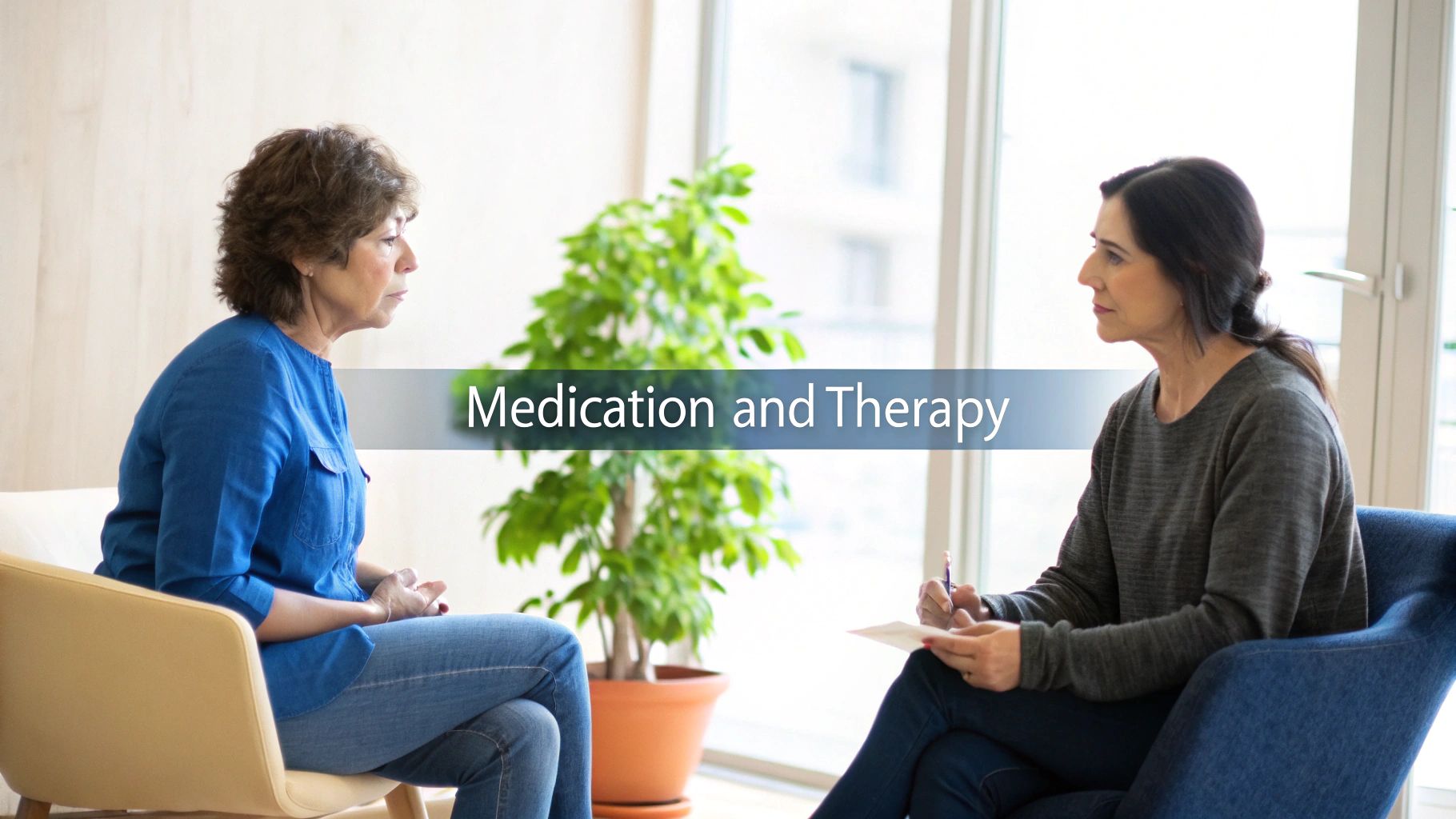 Two women, one a patient and one a therapist, discussing during a mental health session.