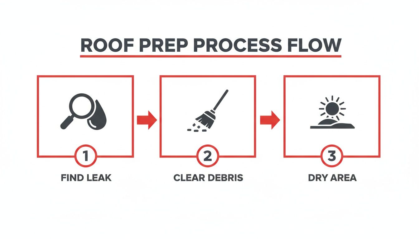A diagram outlining three steps for roof preparation: find leak, clear debris, and dry area.