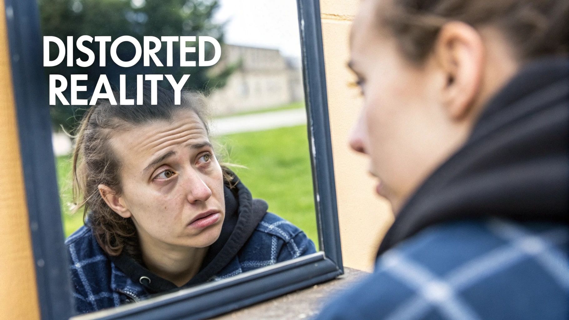 A distressed woman looks into a mirror, seeing her tired reflection with the text "Distorted Reality."