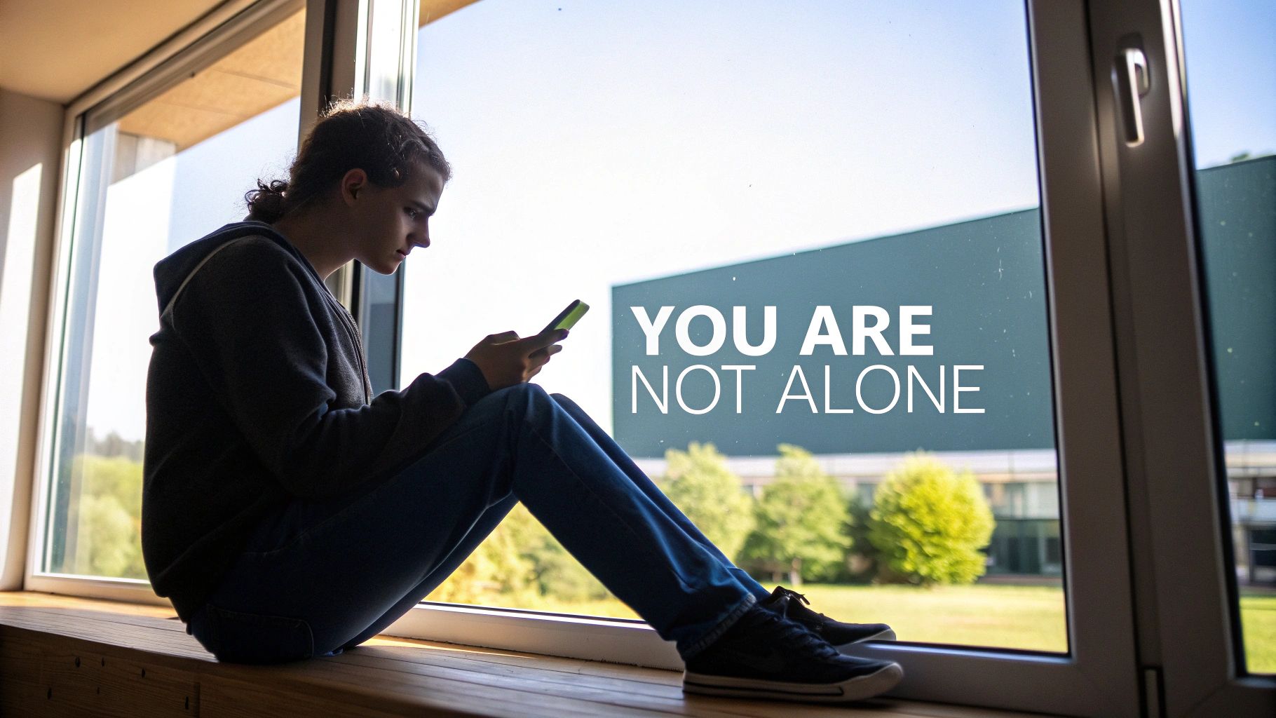 A young person sits on a window sill using a phone, with the text 'YOU ARE NOT ALONE' visible.