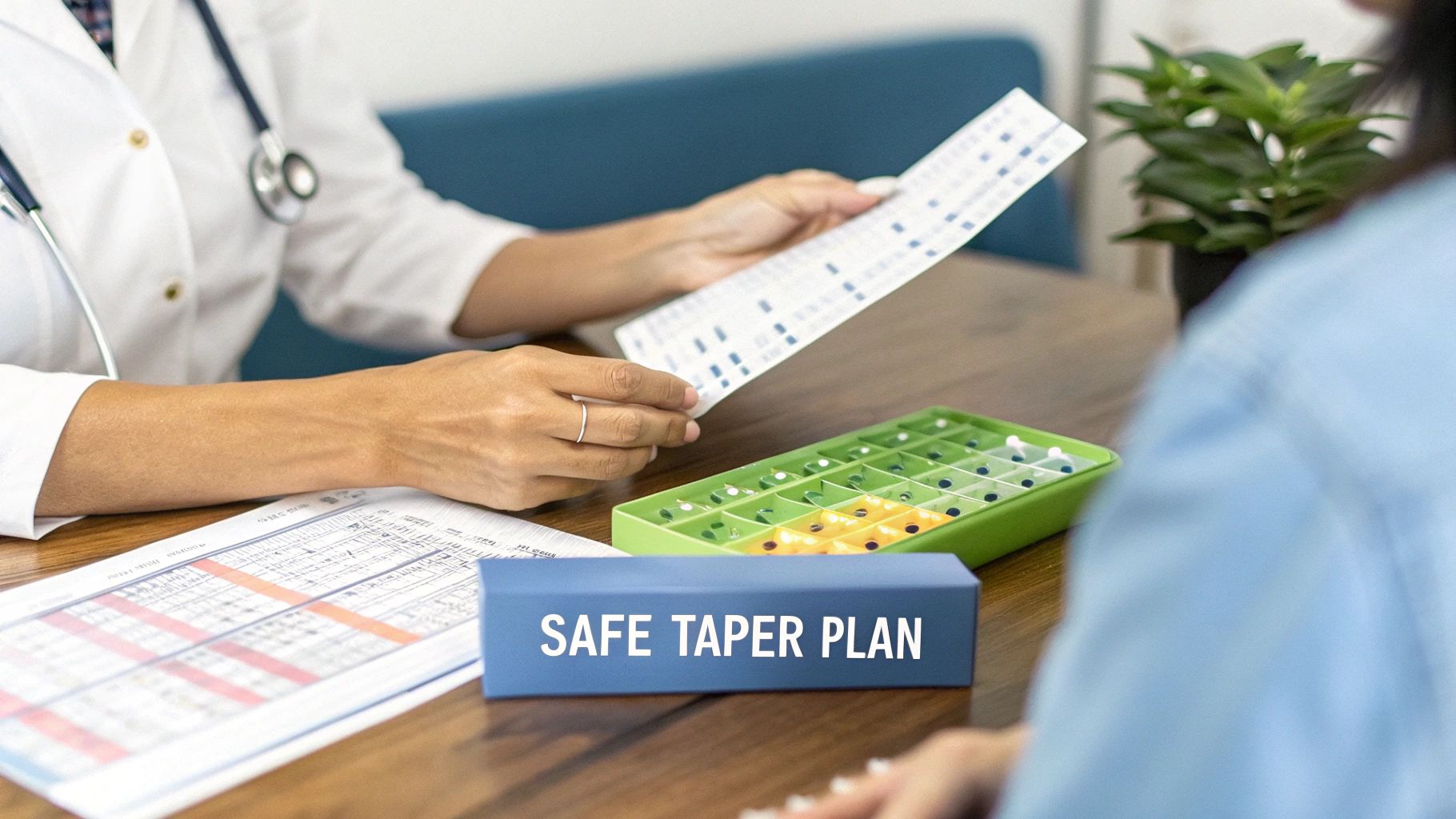 A doctor in a white coat explains a safe taper plan using charts and a pill organizer to a patient.