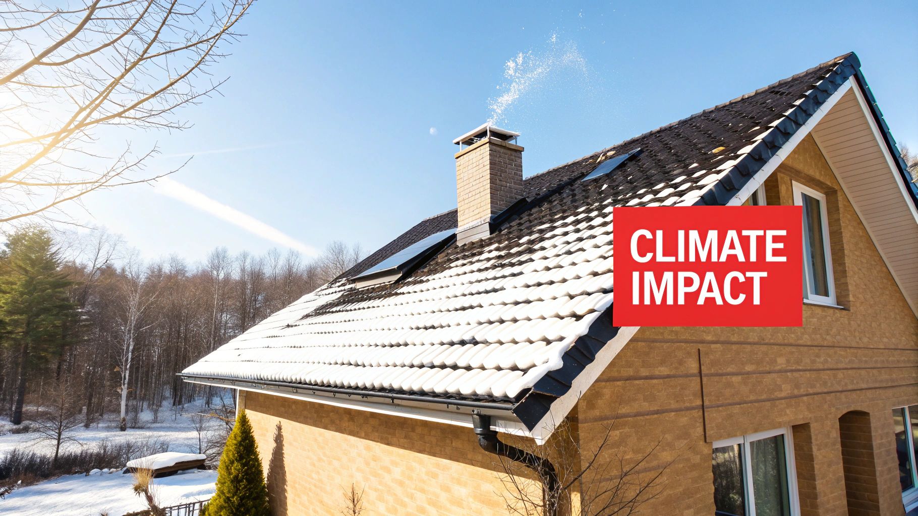 A home's roof being hit by heavy rain during a storm.