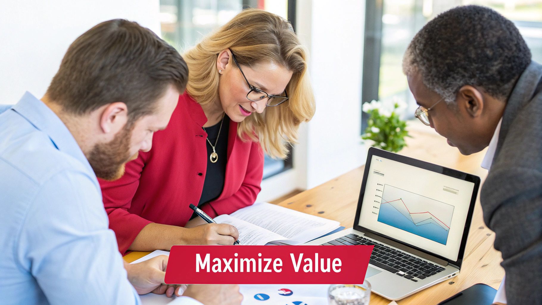 Three diverse business professionals collaborate at a table, reviewing documents and a laptop with a graph.