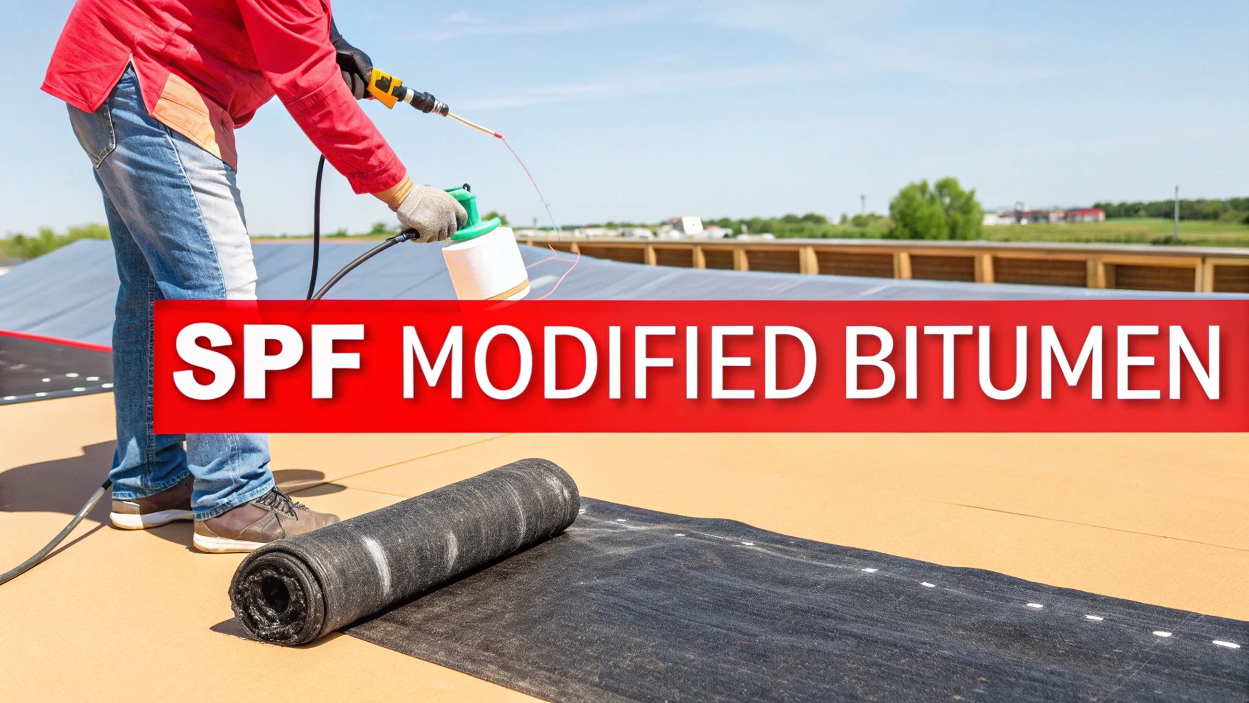 A worker installs SPF modified bitumen roofing on a low-slope roof under a blue sky.