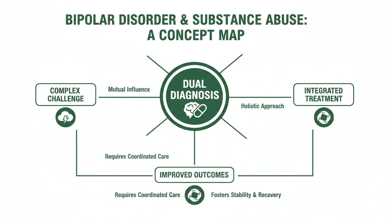 Concept map of bipolar disorder and substance abuse dual diagnosis, showing challenges, integrated treatment, and improved outcomes.