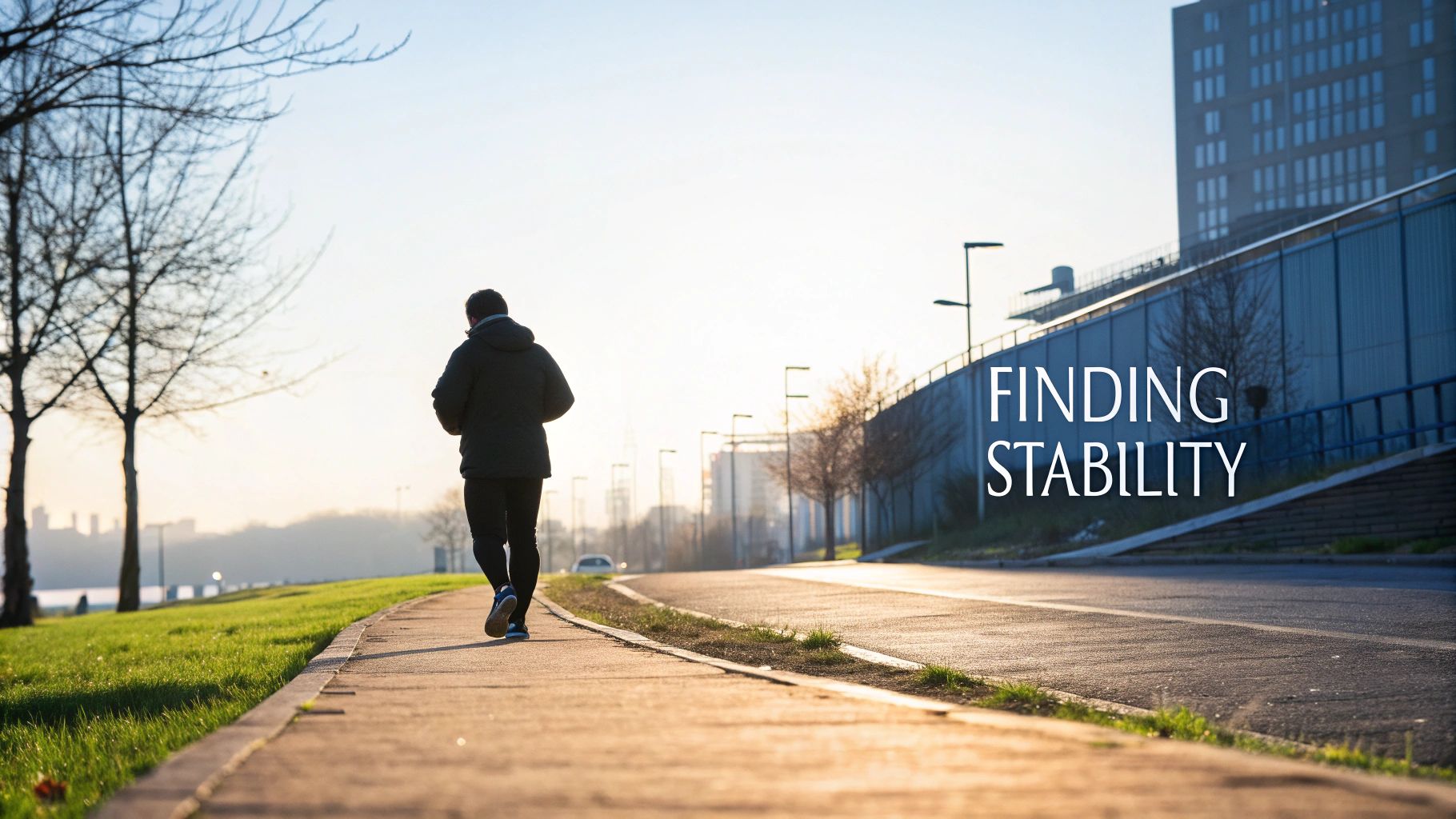 A person walks on a sunlit path in an urban setting with 'FINDING STABILITY' text.