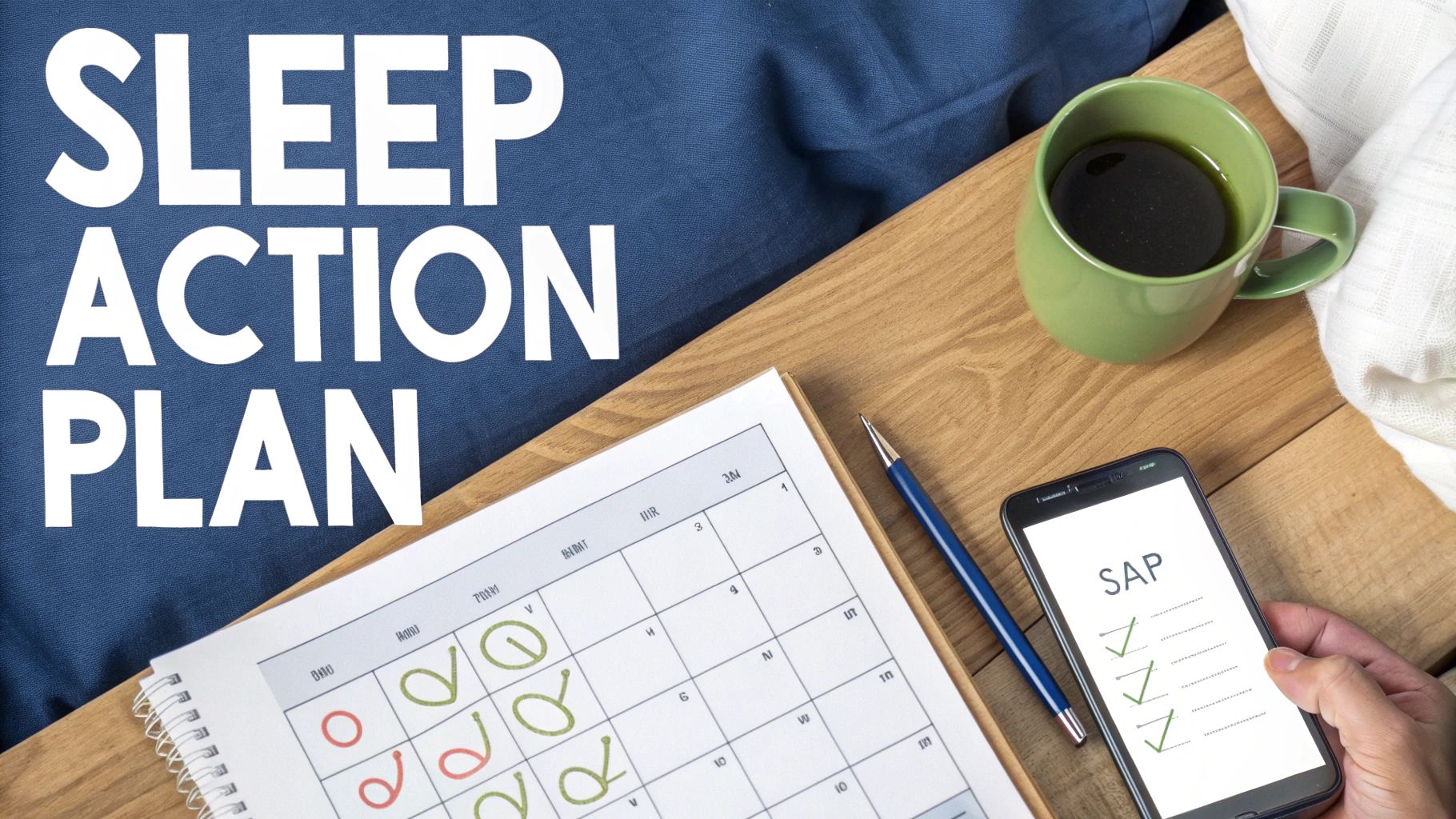 A top-down view of a 'SLEEP ACTION PLAN' text, a calendar with notes, a pen, and a phone showing a checklist.