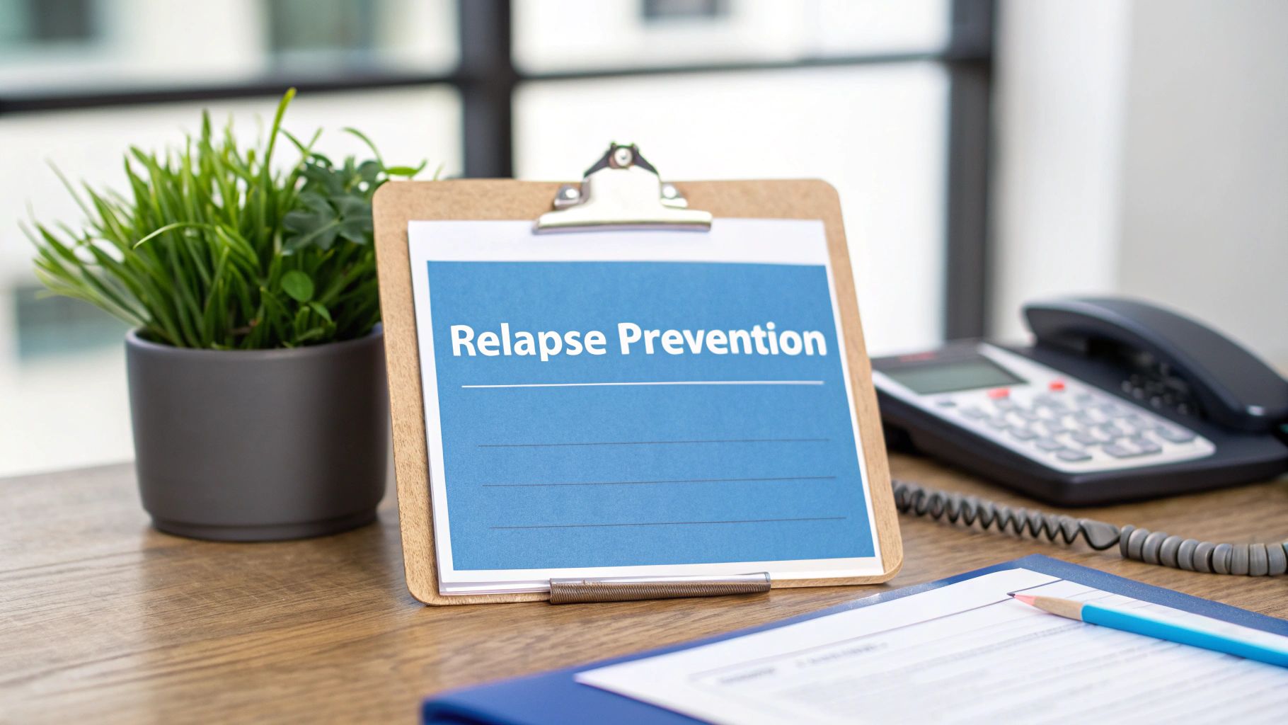 Clipboard with 'Relapse Prevention' plan, alongside a green plant and office phone on a wooden desk.