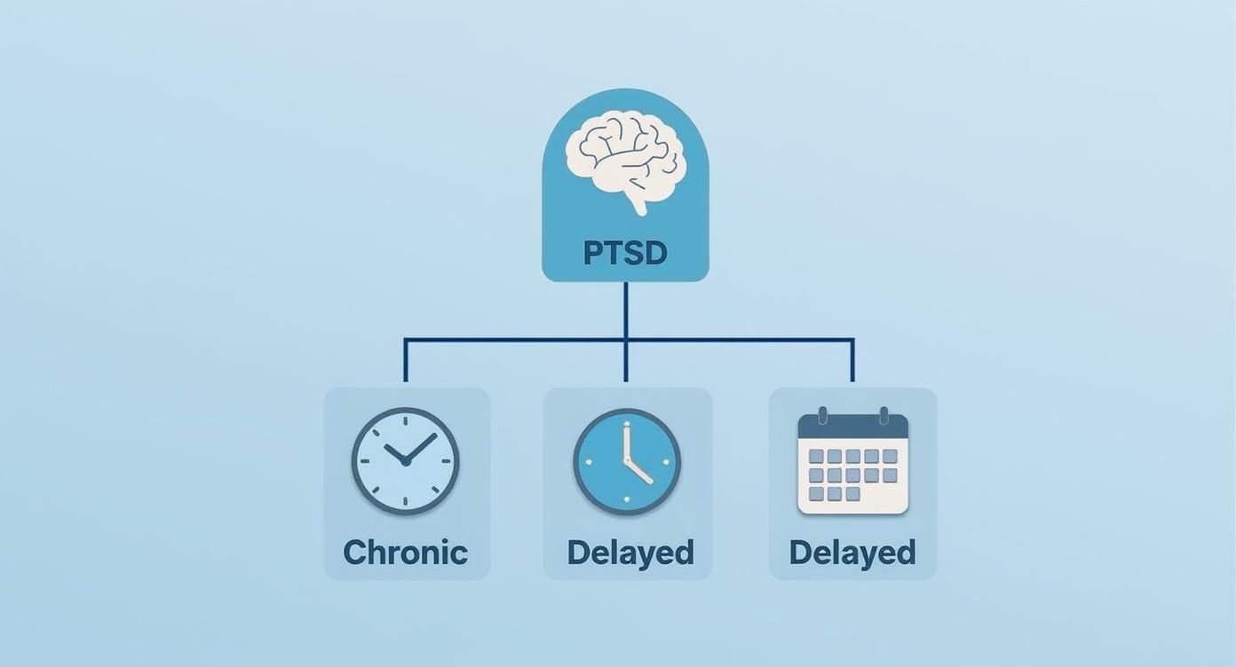 Diagram illustrating PTSD timelines: chronic with a clock, and delayed onset with a clock and calendar.