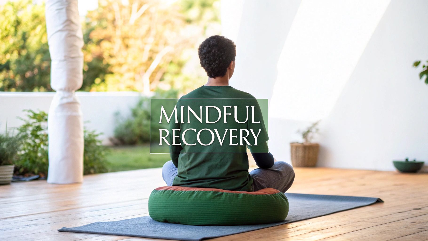 A person meditating outdoors on a cushion and mat, facing away, with 'Mindful Recovery' text.