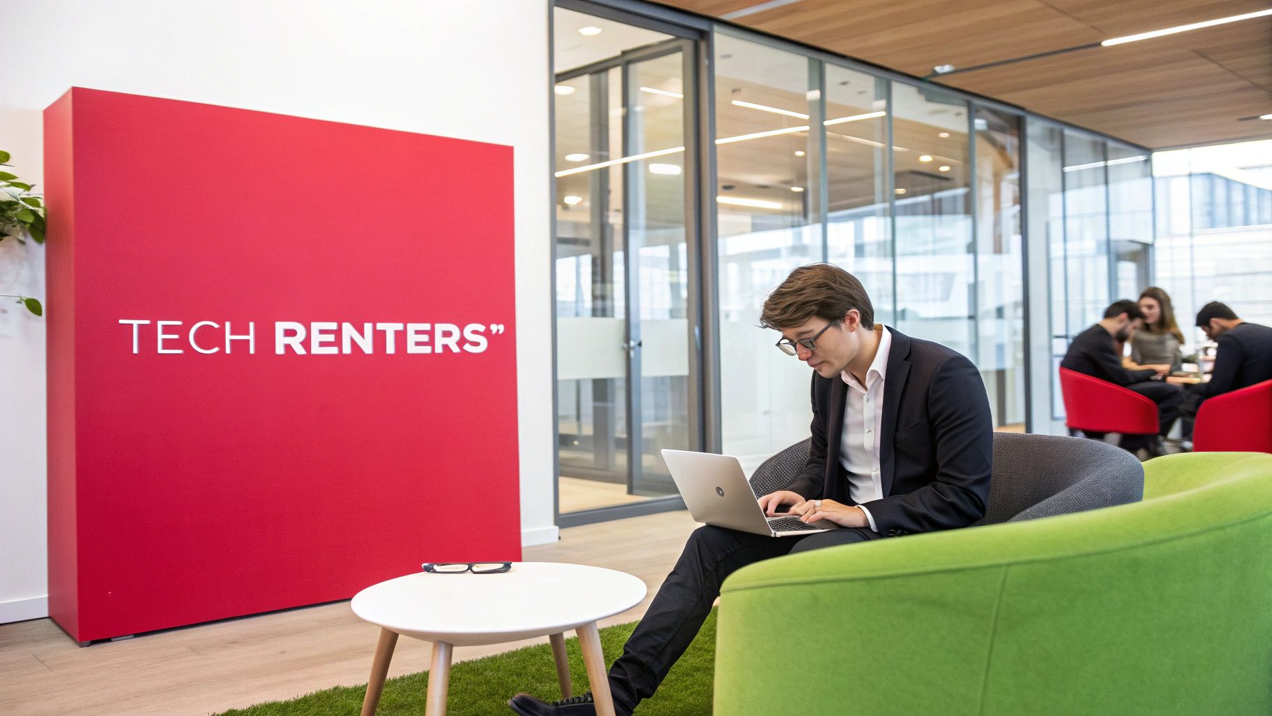 Top 10 Best Markets for Rental Properties in 2025 A professional sits in a green armchair, typing on a laptop in a tech rental office.