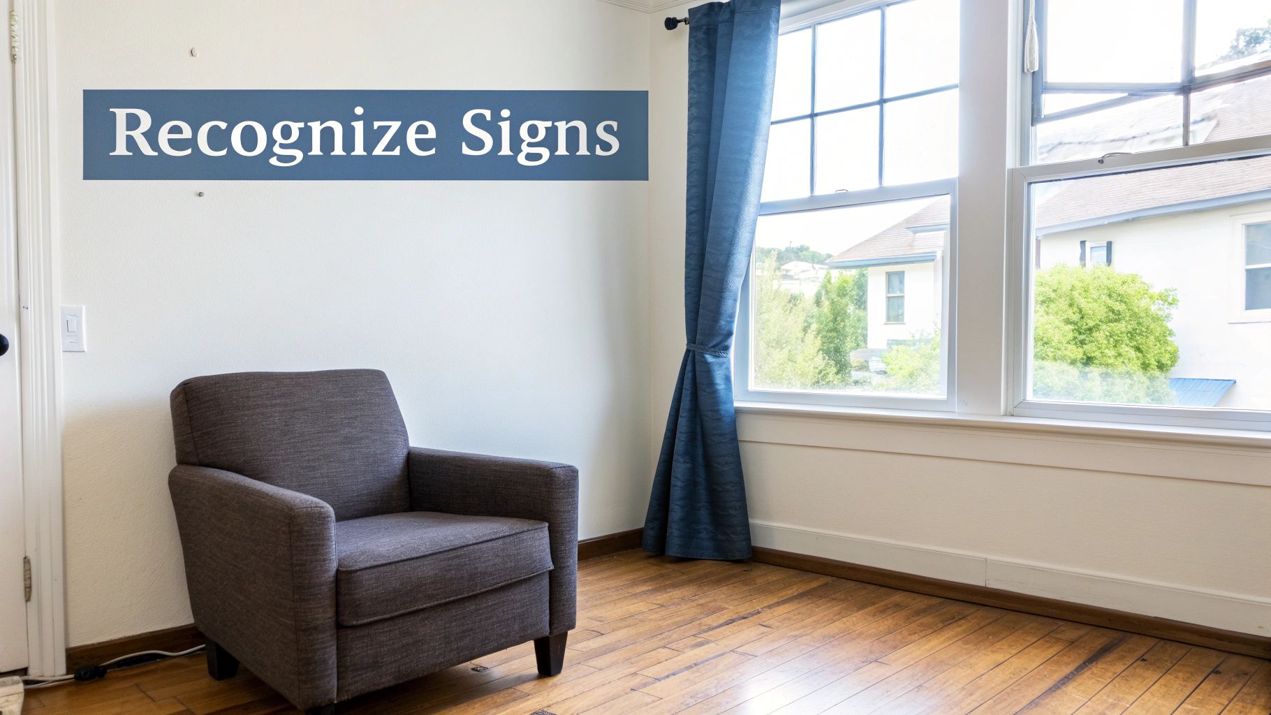 A family sits on a couch, having a serious conversation.