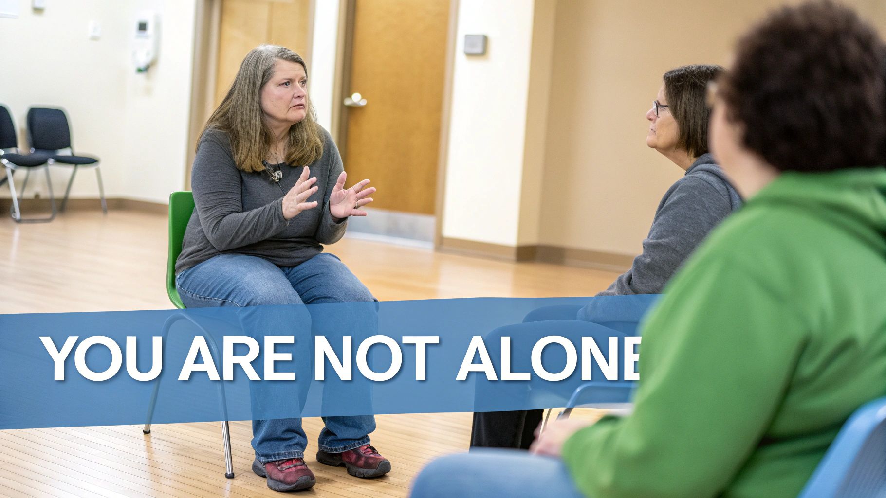 A diverse group of people having a supportive conversation over coffee