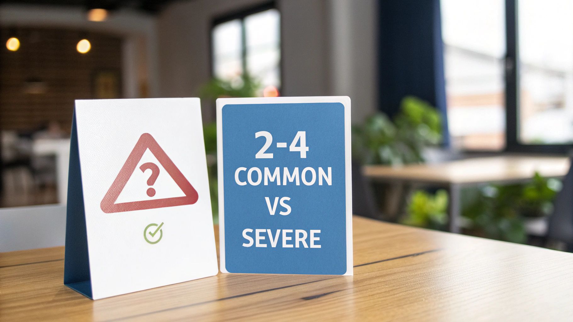 Two tabletop signs on a wooden desk, one with a question mark and the other with 'COMMON VS SEVERE' text.