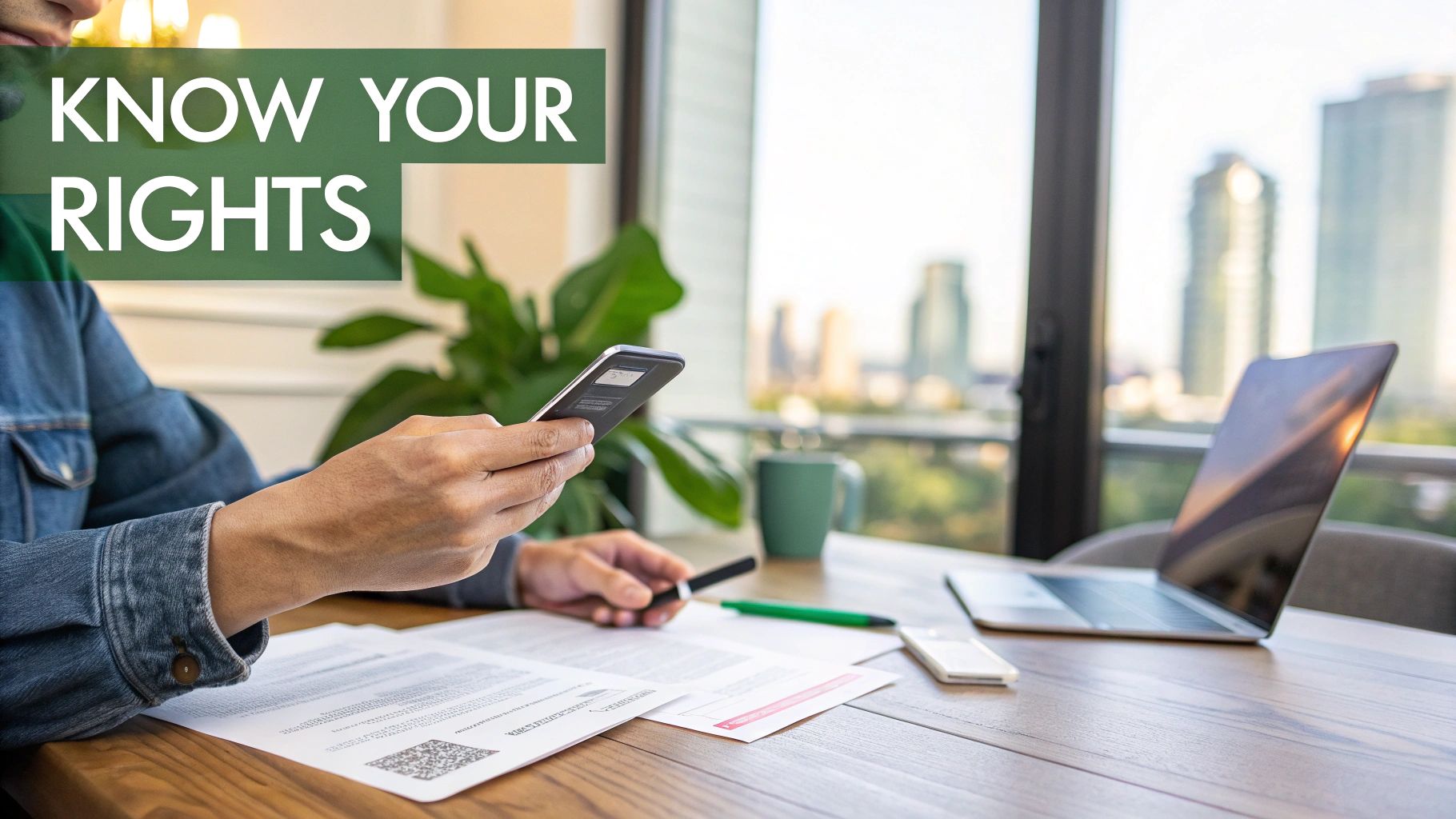 A person holds a phone and reviews documents, with 'KNOW YOUR RIGHTS' text overlaid.