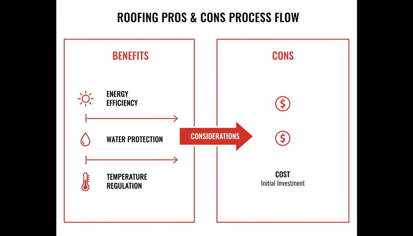 Infographic displaying roofing pros and cons, including energy efficiency, water protection, temperature regulation benefits, and initial investment cost.
