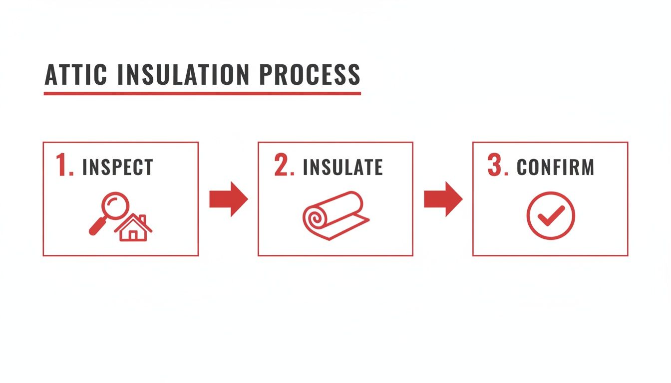 A visual guide illustrating the three-step attic insulation process: inspect, insulate, and confirm.
