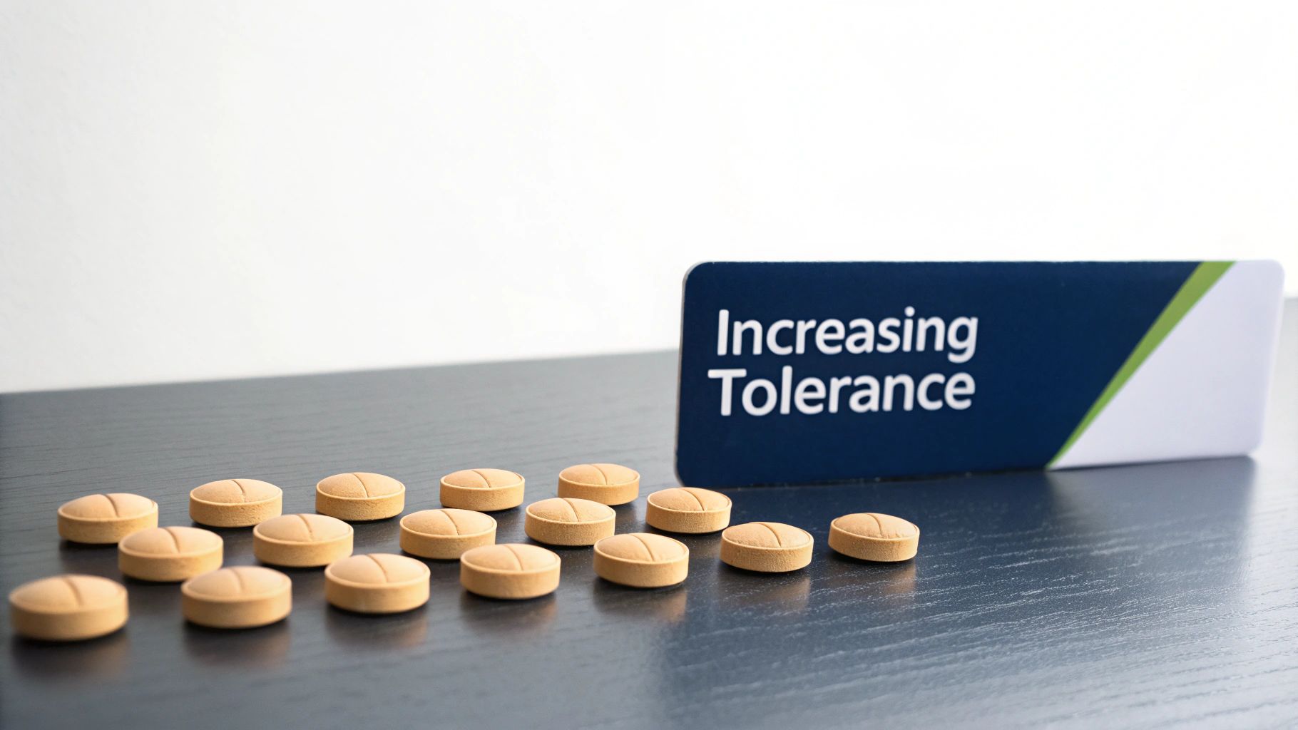 Orange pills scattered on dark surface next to increasing tolerance sign illustrating drug dependency