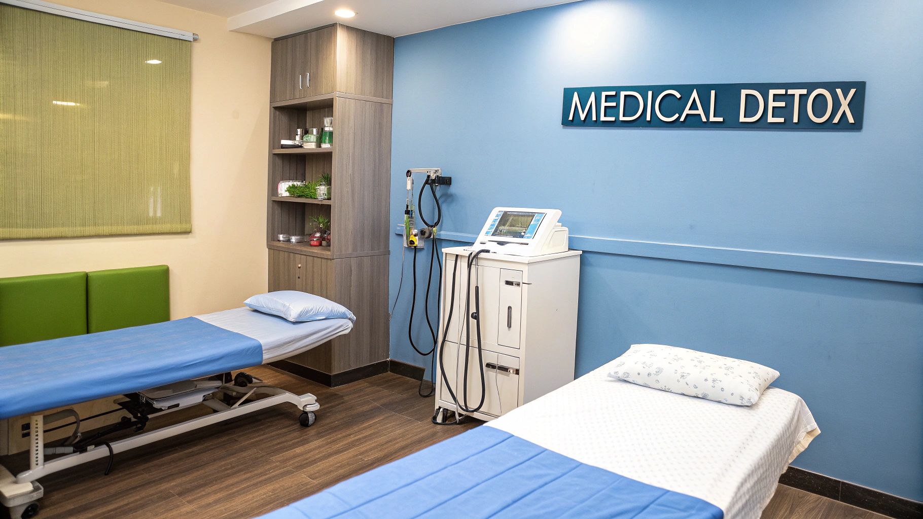 A compassionate healthcare professional reassures a patient sitting on a bed.