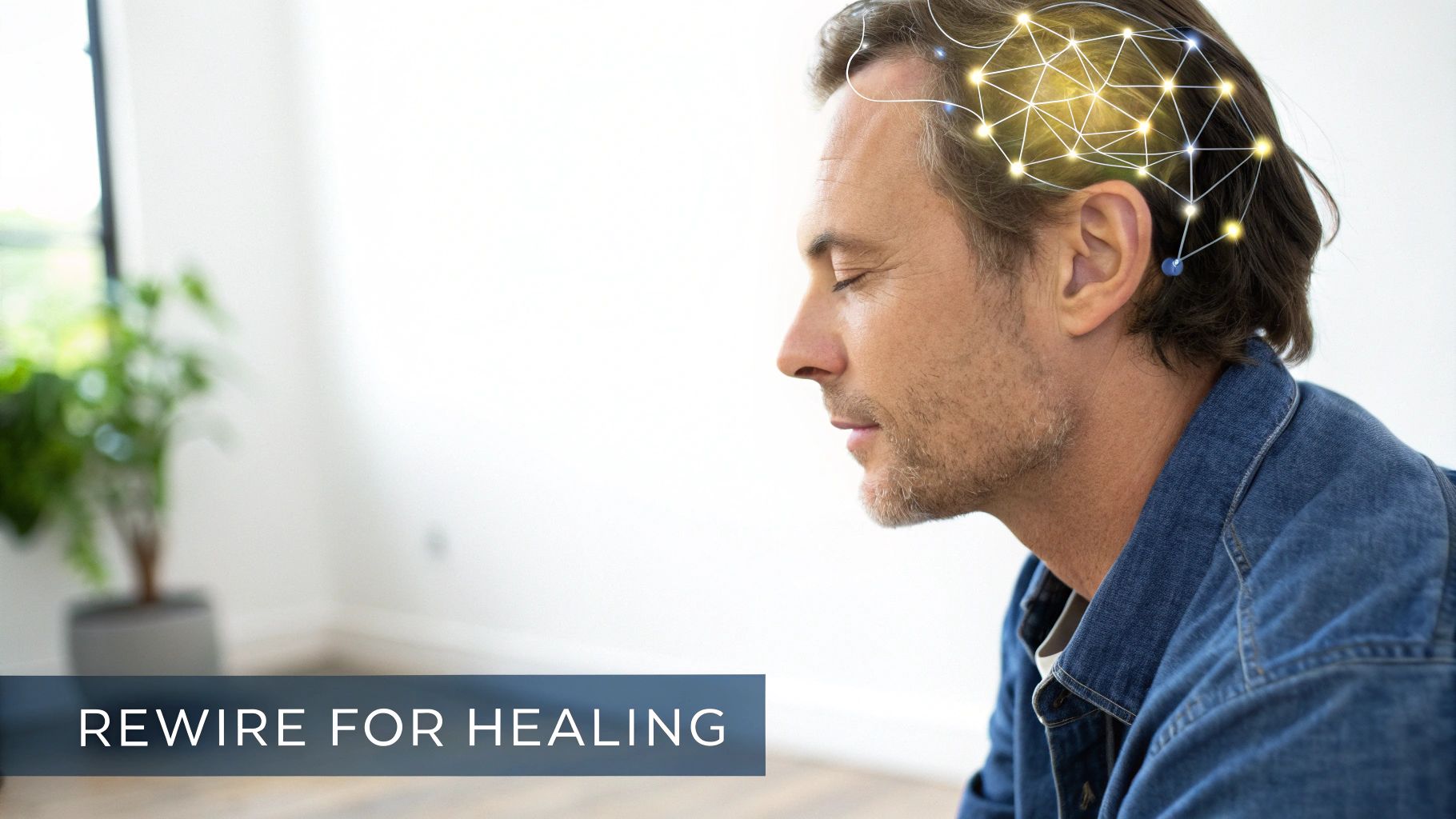 Man meditating with eyes closed, showing glowing neural network on his head, symbolizing brain rewiring for healing.