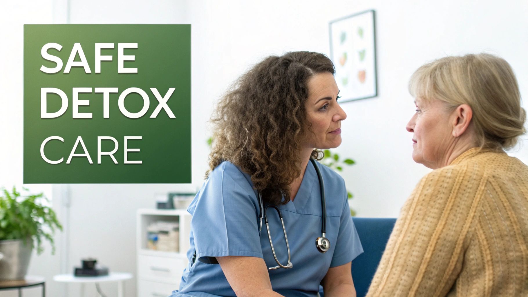 Healthcare provider discussing safe detox care options with older adult patient in medical office