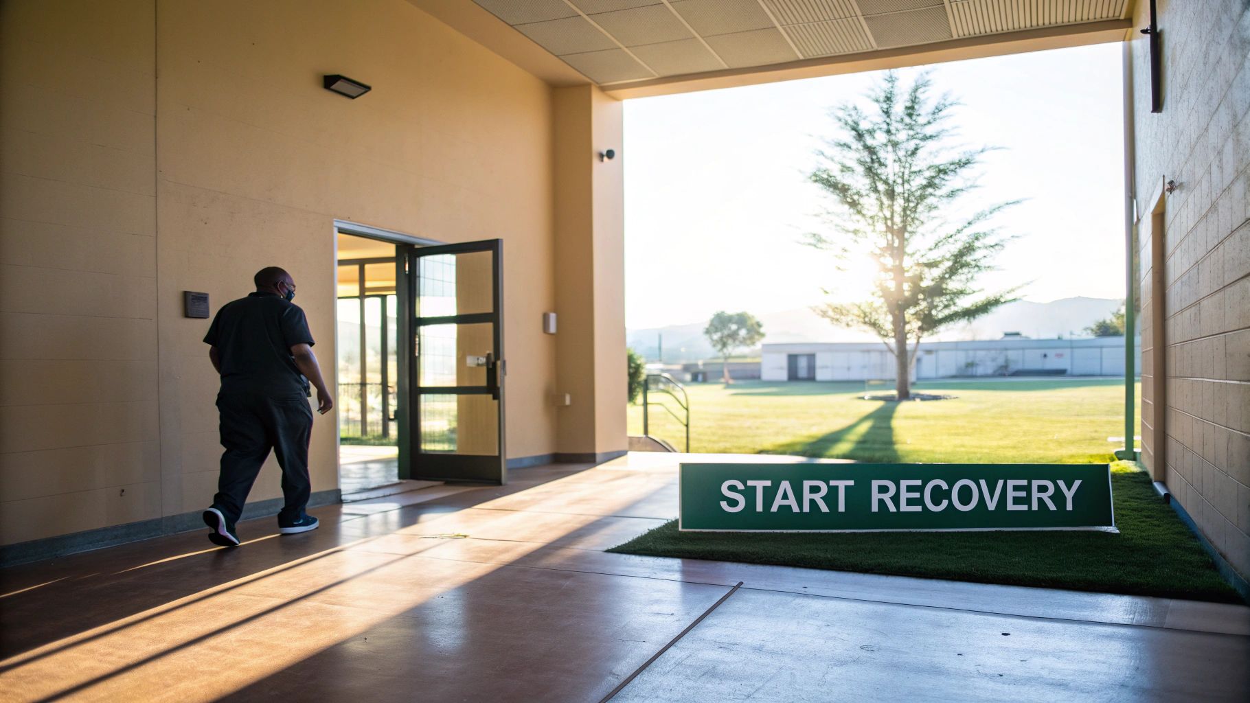 A man walks past a 'START RECOVERY' sign towards an open door at a facility with sunlight.