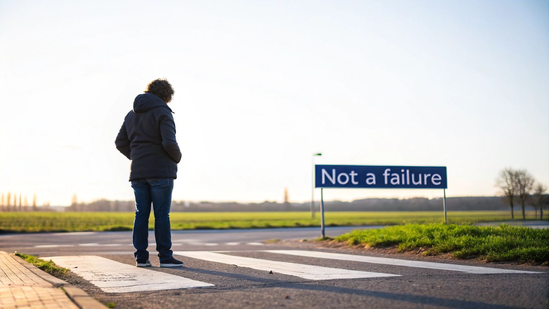 Person in blue jacket standing at crossroads looking at motivational sign saying not a failure