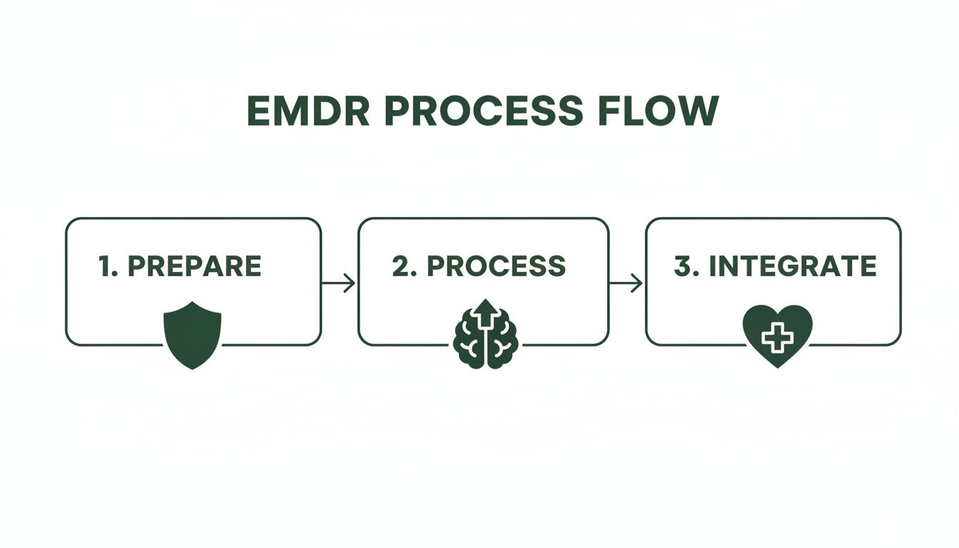 EMDR process flow diagram showing three stages: Prepare (shield), Process (brain), and Integrate (heart).