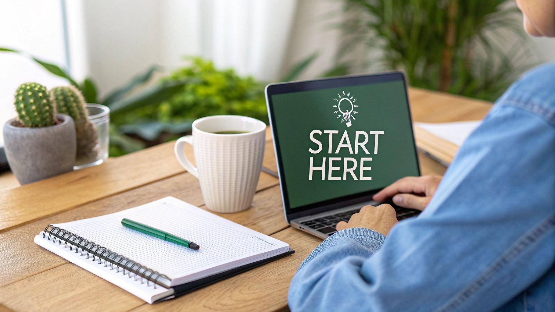 A person works on a laptop displaying 'START HERE' with a lightbulb, alongside a notebook and coffee.