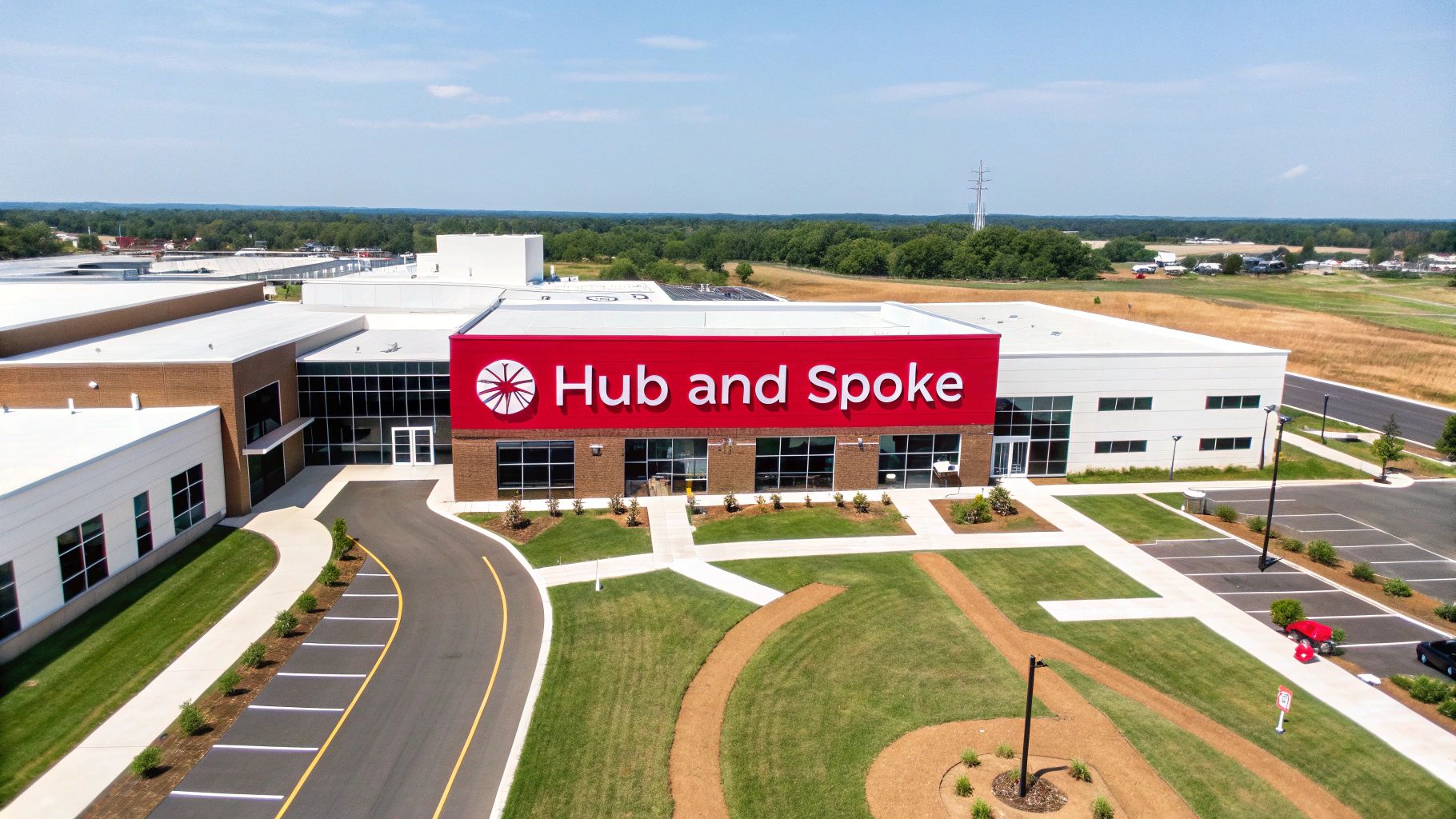 Leading with business model innovation examples: 10 powerful case studies Aerial view of a modern Hub and Spoke building with a red sign, green lawns, and a parking lot.