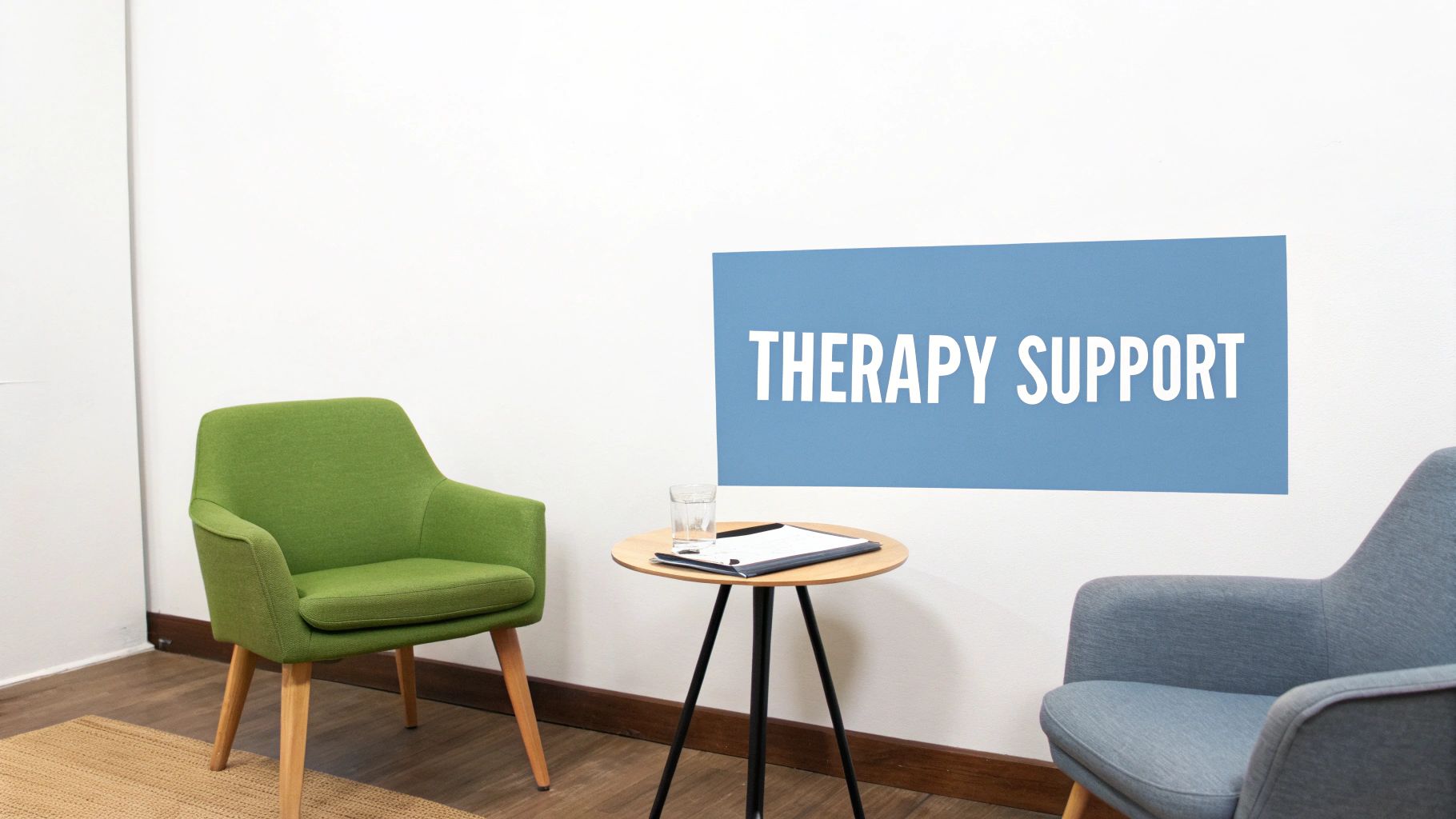 A counselor and patient sitting and talking in a comfortable therapy room.