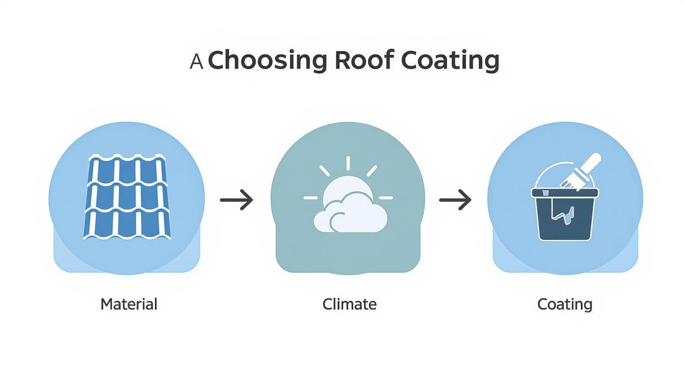 Infographic showing a process flow for choosing a roof coating based on roof material, climate, and coating type.