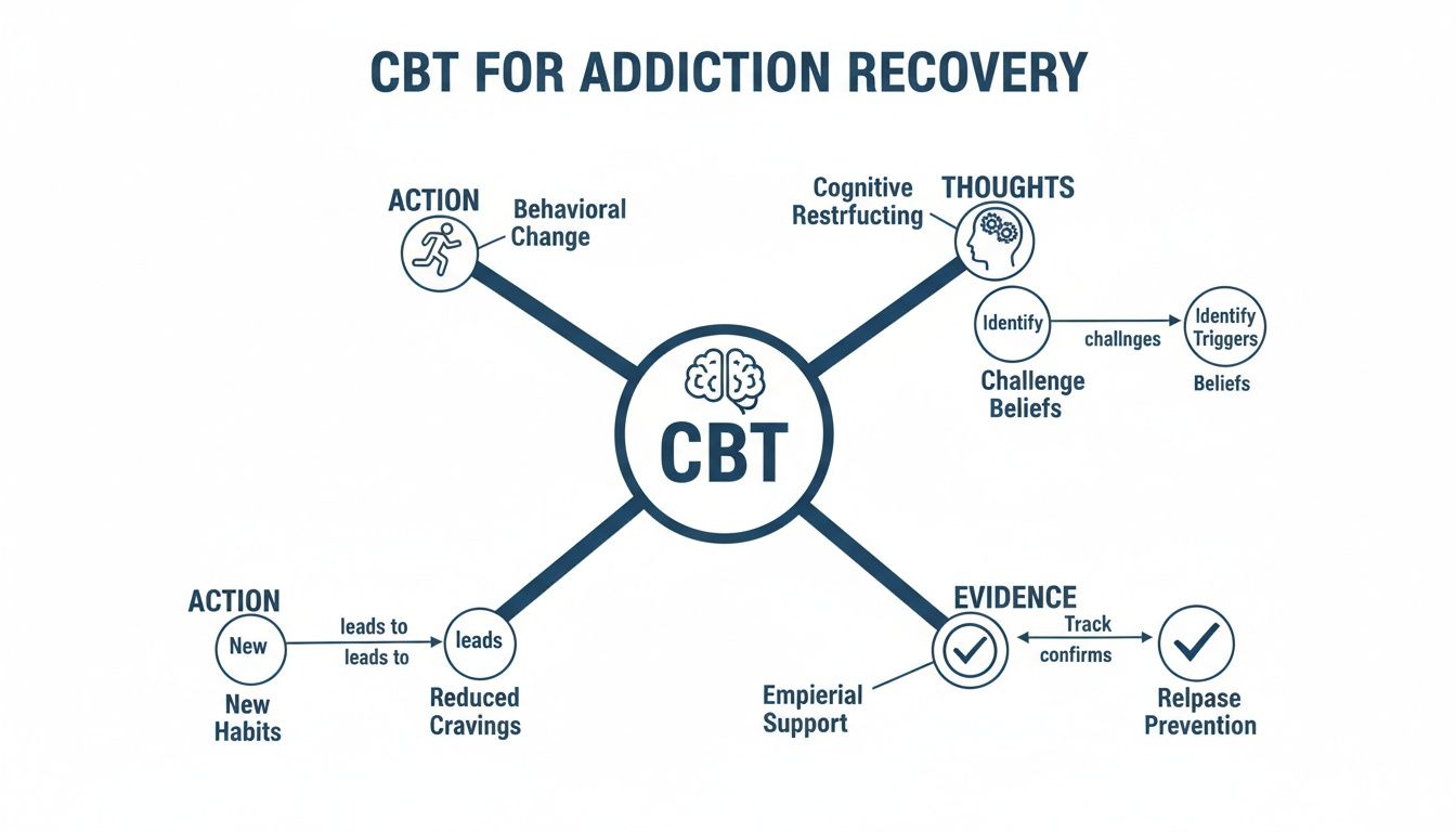A counselor and patient sit at a table, discussing a diagram showing the interplay of actions, thoughts, habits, and evidence in CBT.